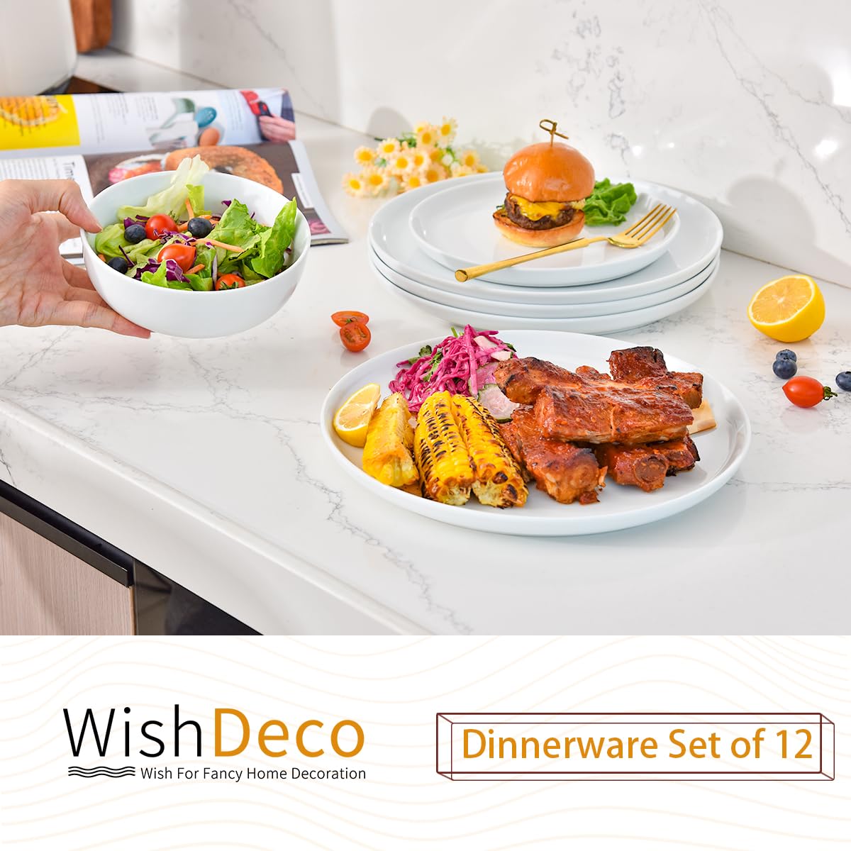 WishDeco Teller und Schüsseln, 12-teilig, Weiß | Keramikgeschirr-Set für 4 Personen, Küchengeschirr-Set, mikrowellen- und spülmaschinenfest