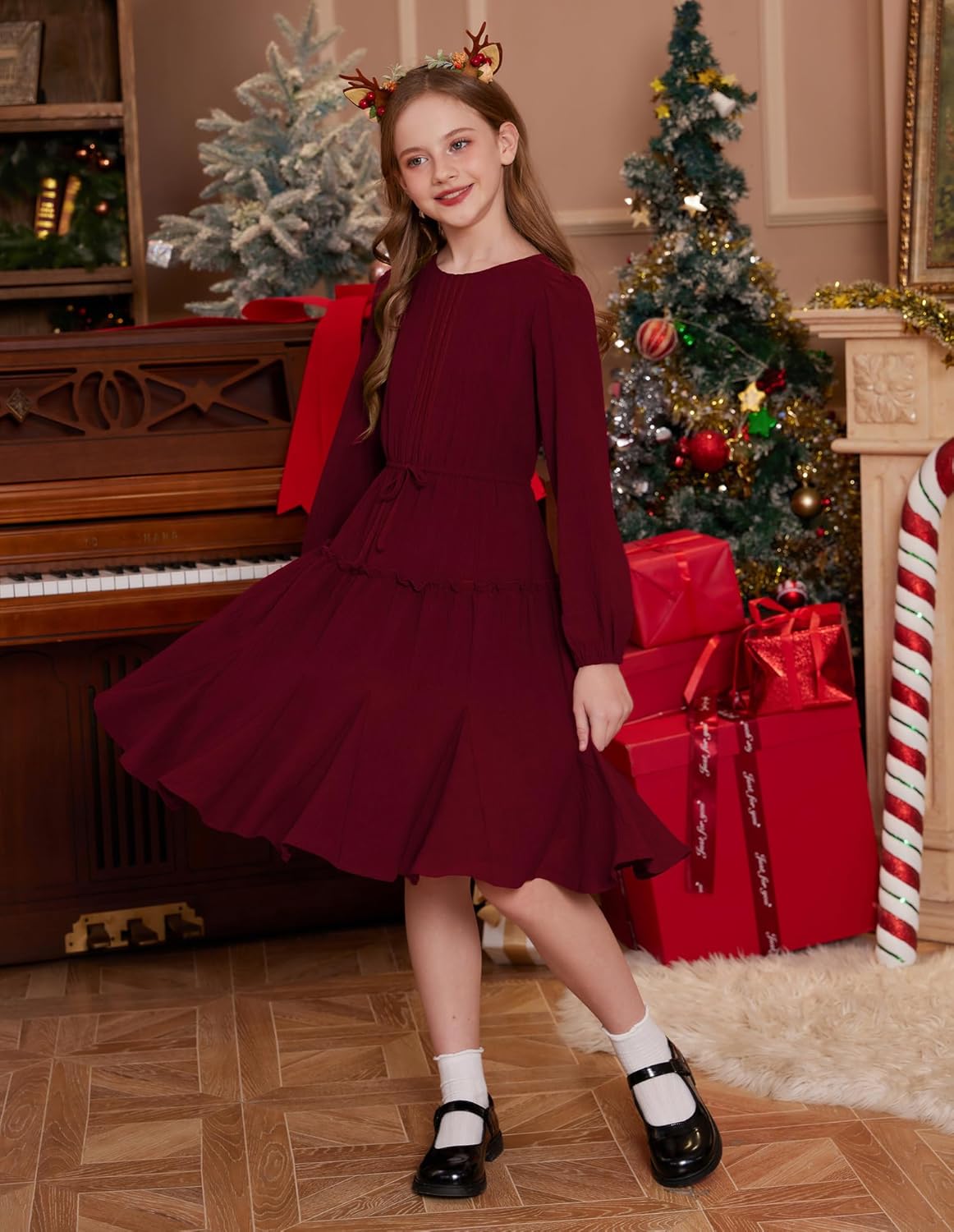 GRACE KARIN Girls Fall Long Sleeve Dress Fancy Floral Holiday Teen Casual Skater Winter Teen Crew Neck Tiered Dresses - Image 4