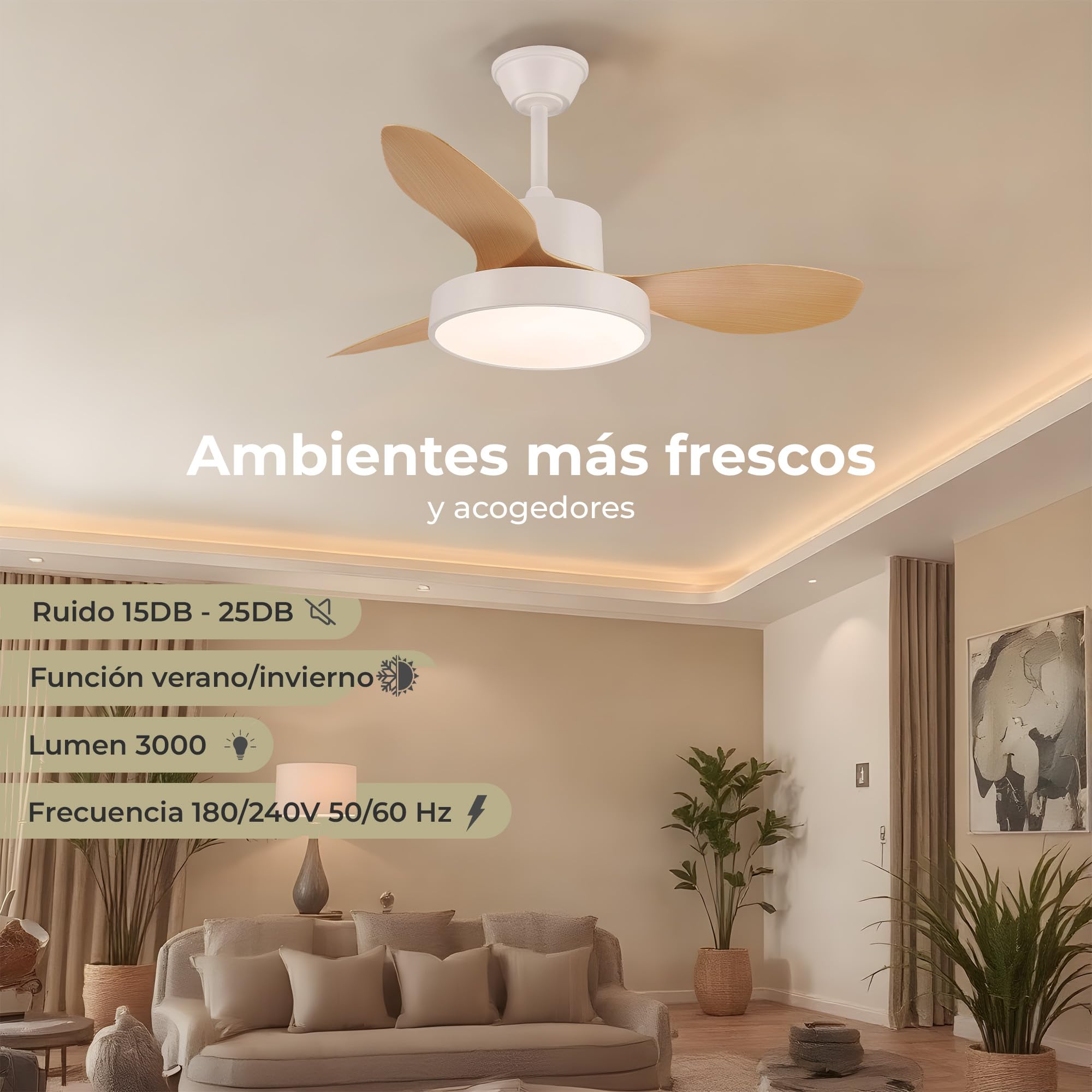 Ventilador de Techo con Luz LED y Aspas Reversibles - Diseño Premium, Silencioso con Mando a Distancia y Temporizador - Funcion Verano e Invierno y 3 Temperaturas de Luz LED (Blanco, L (120 cm))