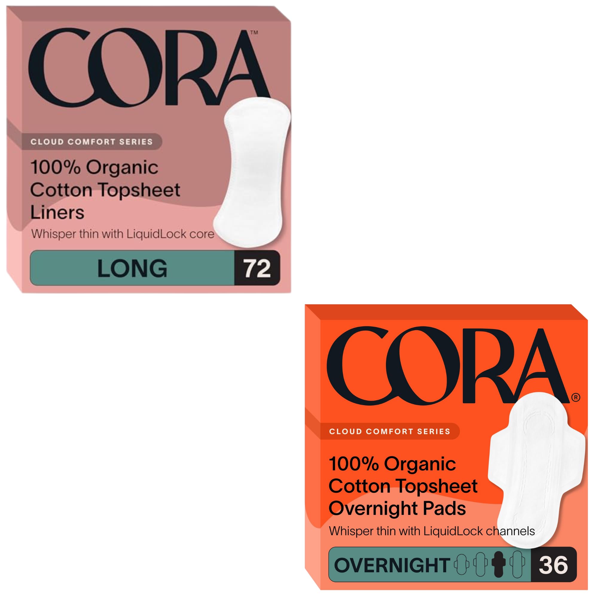 Cora Organic Feminine Care | 72 Ultra Thin No Wings Liners and 36 Overnight Period Pads | Ultra-Absorbent, Unscented, Natural, Non-Toxic | Bundle Pack