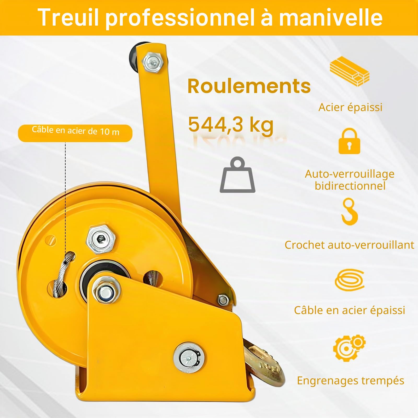 Treuil Manuel, 1200 Lbs (545 Kg) Avec CâBle En Acier 10 M Avec Frein Et Crochet Treuil Forestier Et De Bateau Pour Traction Horizontale 545 Kg Et Levage Vertical 150 Kg Pour Le Levage Et Le Relevage