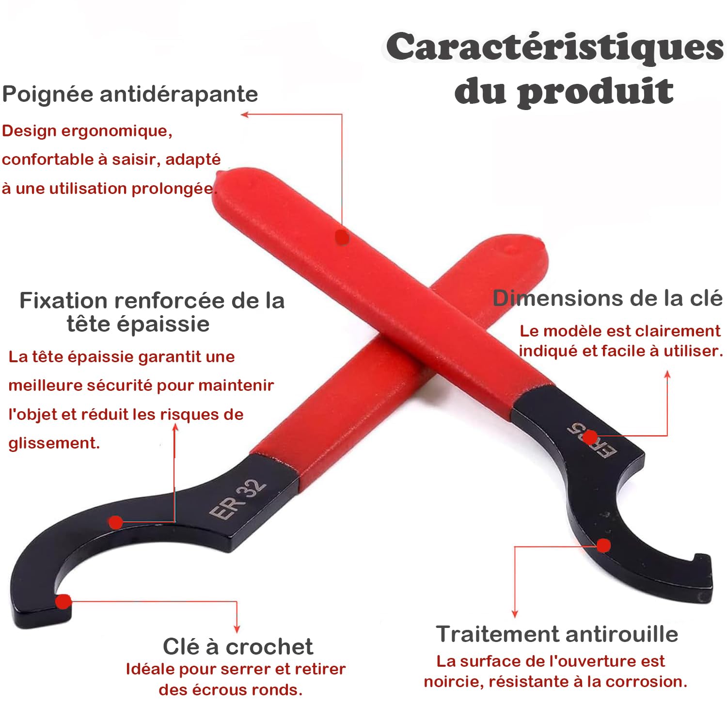 Jeu de 6 Clés à Crochet C32 ER40 ER32 ER25 APU16 APU13 Clé de Serrage pour Mandrin CNC et Amortisseur