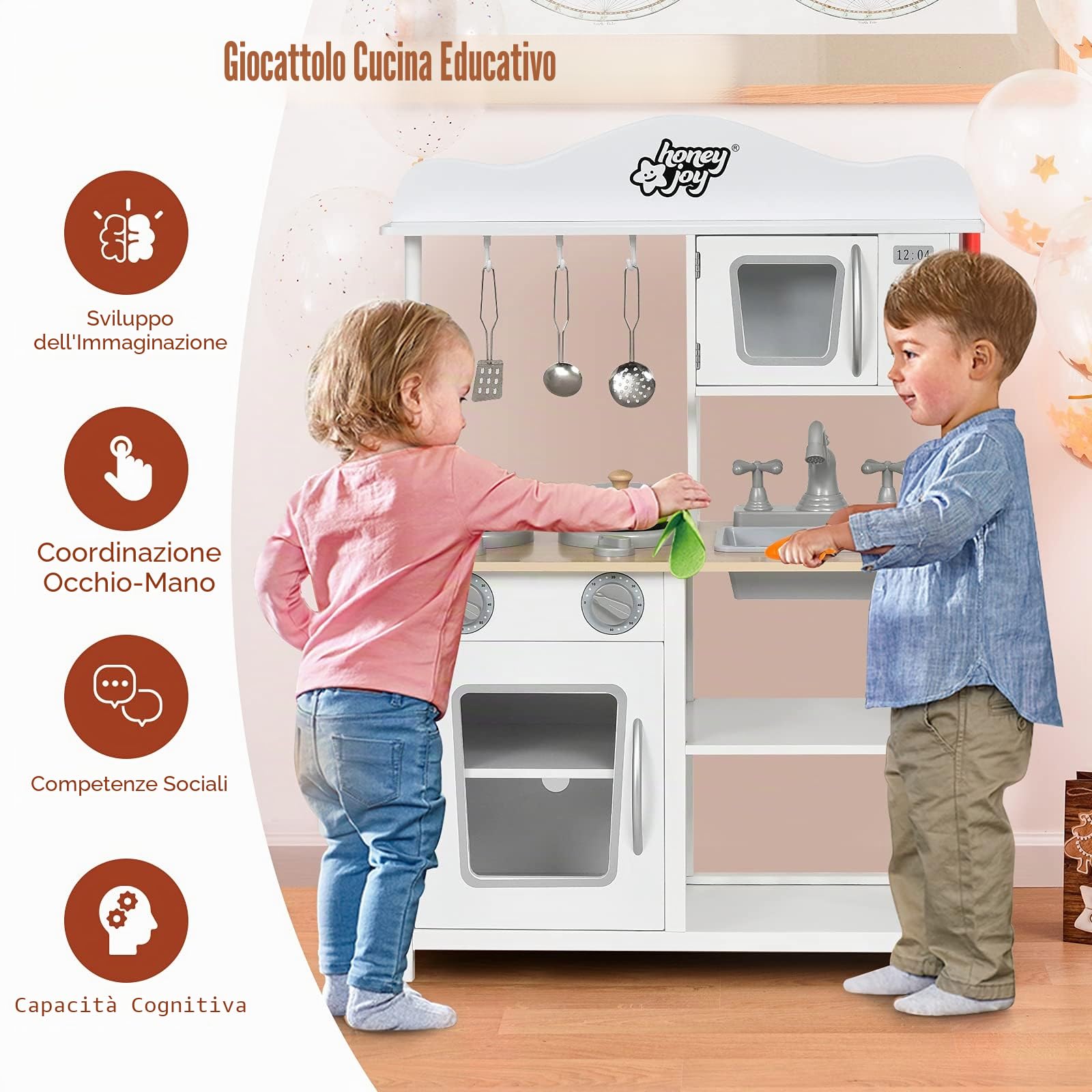 GIANTEX Cucina d'imitazione per bambini 3+ anni, giocattolo da cucina in legno con fornello, forno, forno a microonde e lavandino, accessori variegati forniti, ideale regalo educativo per feste,