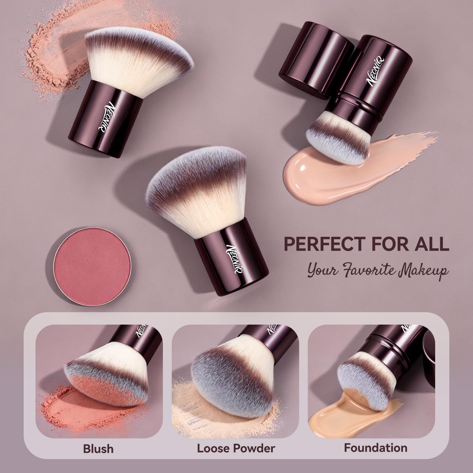Kabuki Foundation-Pinsel-Set, Reisegröße, Make-up-Pinsel mit Konturpinsel, tragbarer Concealer und Foundation-Pinsel für Flüssigkeit/Creme/Puder, vegan und tierversuchsfrei, Braun, 3-teilig