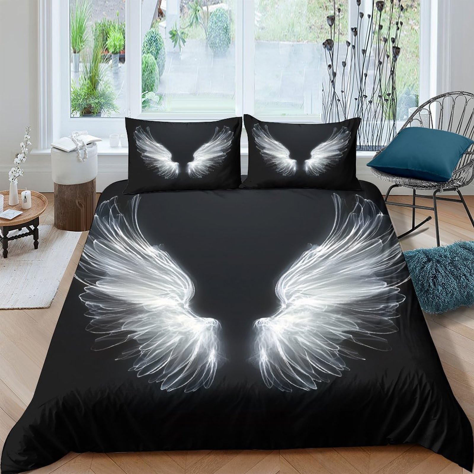 Ctjqhvkz Style-1 3D Printed Angel Wings Fitted Sheet Microfiber Black Feather Bed Sheet Bedroom Decor Mattress Cover Single（135X200cm）
