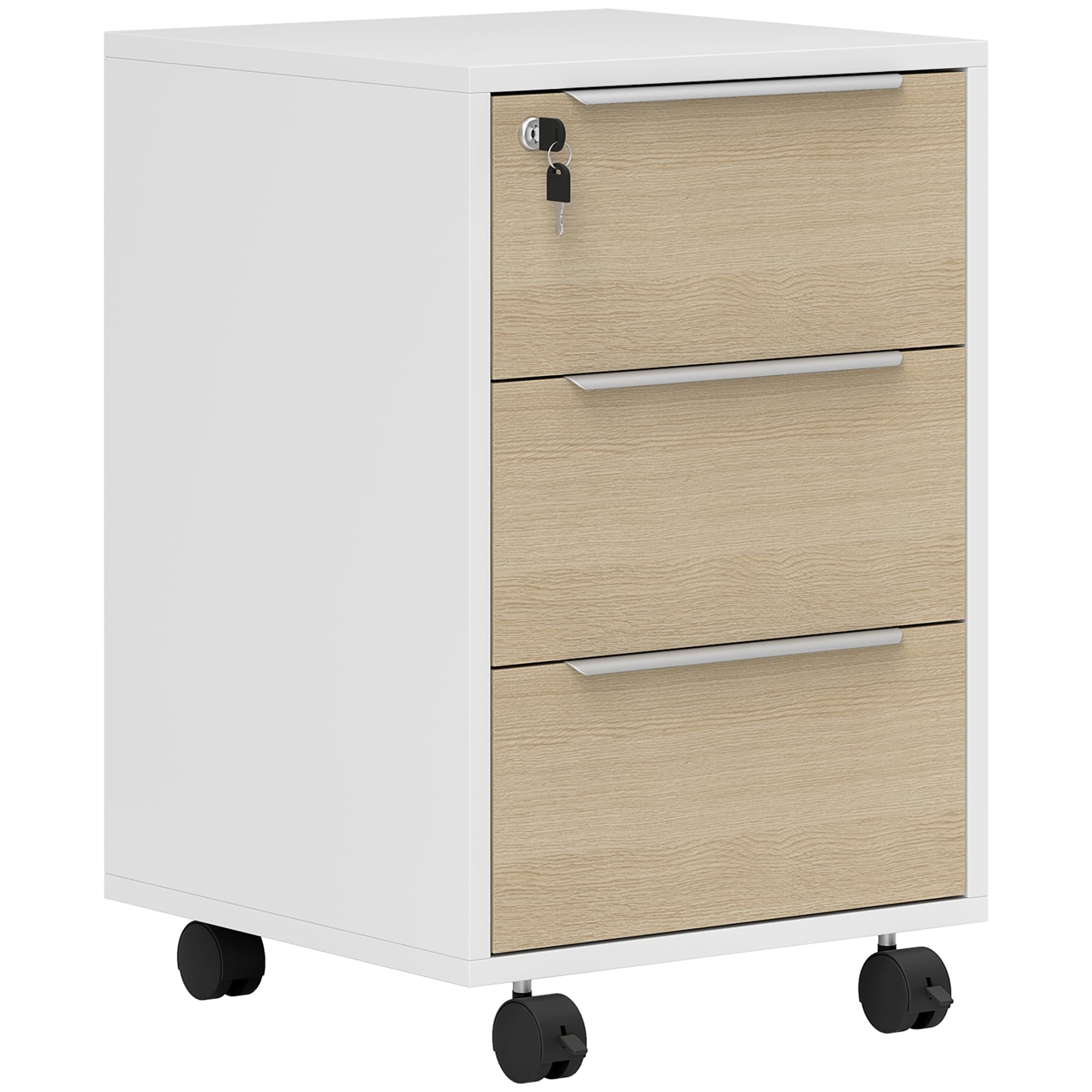 HOMCOM Cassettiera per ufficio su ruote 3 cassetti con serratura e 2 chiavi per sala studio 40x40x63,5 cm Bianco e rovere