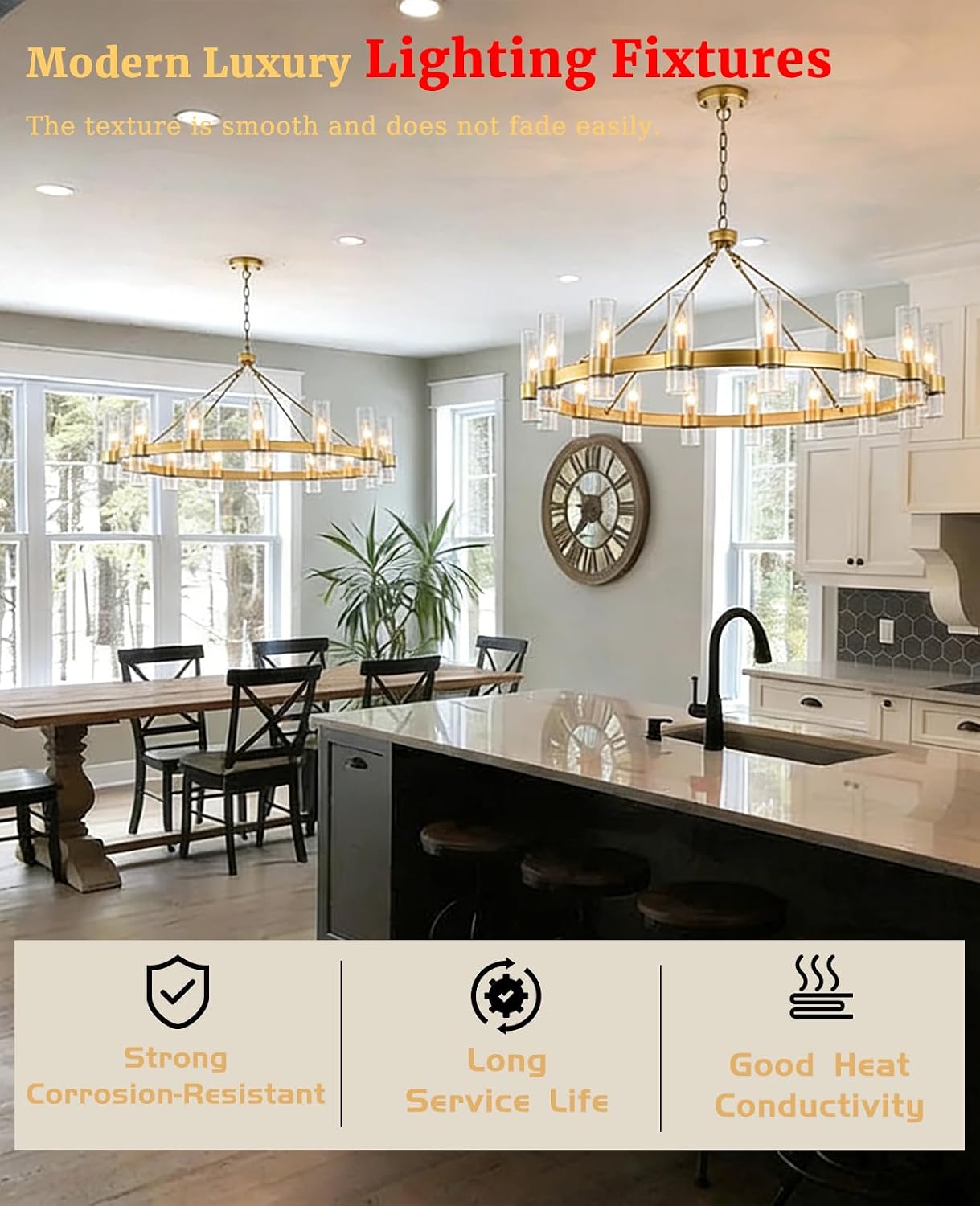 Gold Wagon Wheel Chandelier, 47.2 Inch Round Modern Pendant Light Fixture with Clear Glass Shades French Vintage Large Chandelier for High Ceilings Living Room Dining Room Entryway
