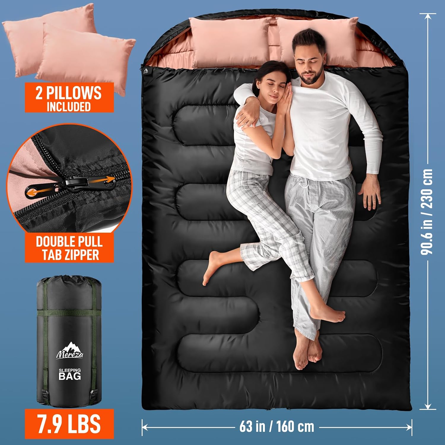 MEREZA Double Sleeping Bag for Adults Mens with Pillow, XL Queen Size Two Person Sleeping Bag for All Season Camping Hiking Backpacking 2 Person Sleeping Bags for Cold Weather & Warm
