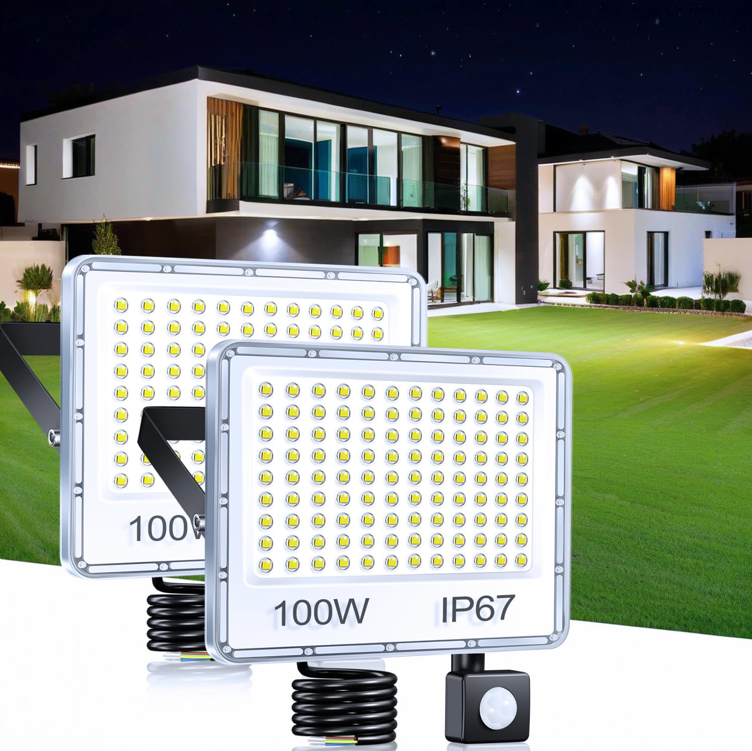 LED Strahler mit Bewegungsmelder Außen 100W 10000LM Außenlampe 2 PC | LED Scheinwerfer mit Bewegungsmelder IP67 Wasserdichte, Außenleuchte mit Bewegungsmelder 6500K für Lager Garten Garage Keller