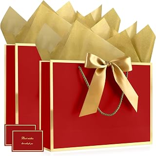 JMANNI 27.9cm(11인치) 소형 선물 가방, 리본이 있는 선물 가방 2개, 인사말 카드 2개, 티슈 페이퍼 4개, 손잡이가 달린 휴대용 종이 선물 가방, 베이비 샤워, 생일 파티, 결혼식, 어머니의 날용 (레드-골드