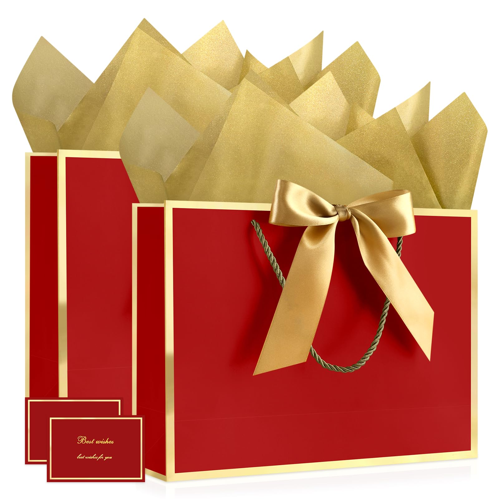 YoungTree Large Red Gift Bag with Handles โ 32x25x11 cm, Includes 2 Greeting Cards & 4 Tissue Papers, Portable Paper Gift Wrap for Wedding, Birthday, Mother's Day, 2-Pack โ image 1