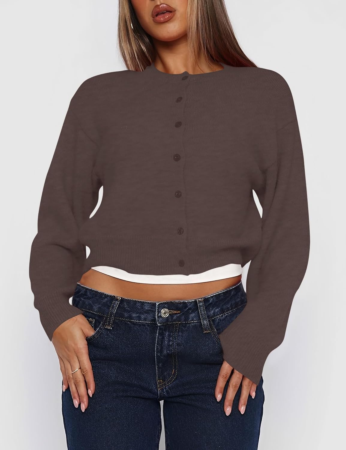 Kistore Womens Cropped Cardigan Sweaters Crew Neck Long Sleeve Button Up Sweaters Lightweight Knit Trendy Sweaters 2025 - Image 2