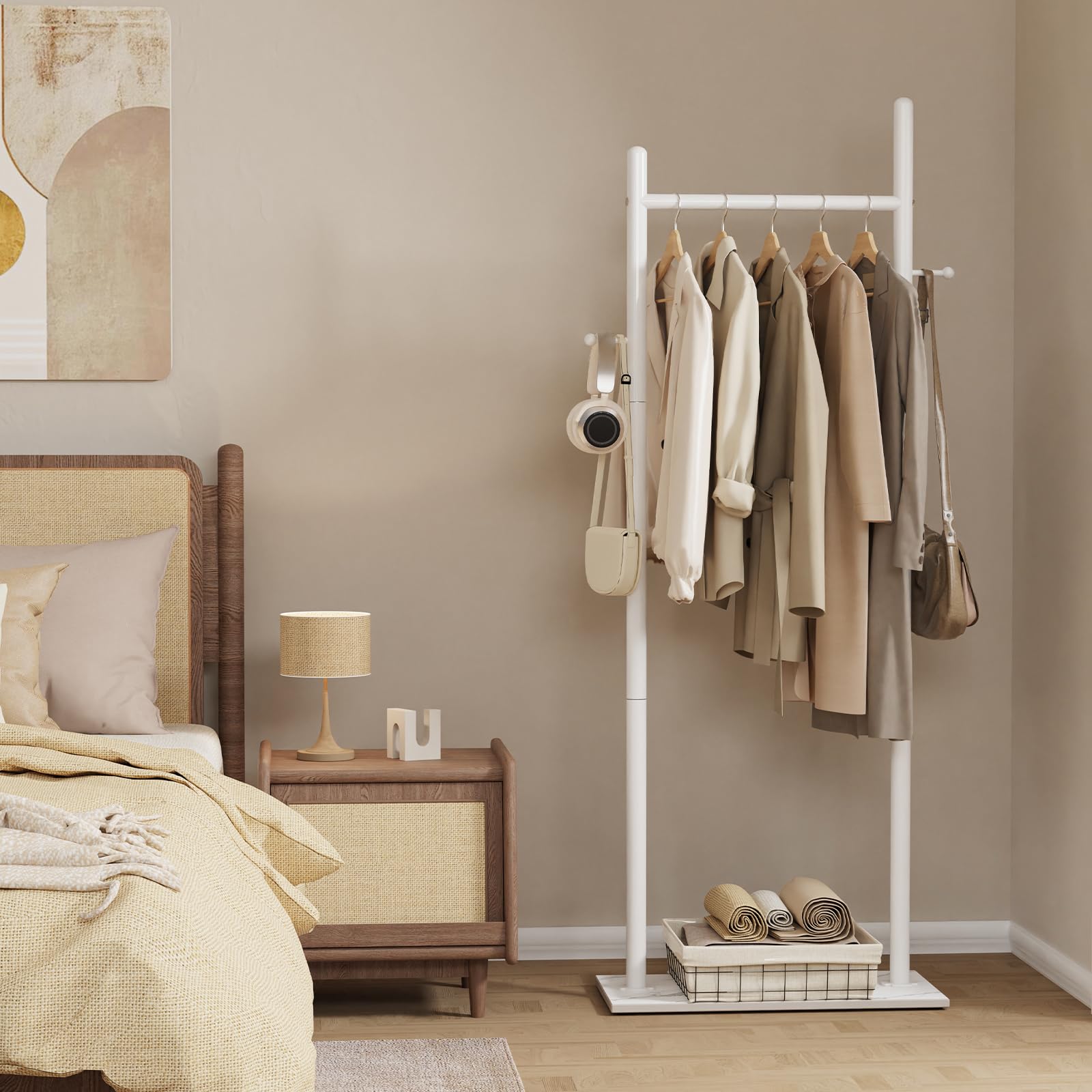 OUTBORS Metall Perchero de Pie, Burro para 50x30x175 cm, Blanco | Gran Perchas Independientes Moderno con Placa Inferior de Roca Gruesa y 2 Ganchos, Bastidor resistente