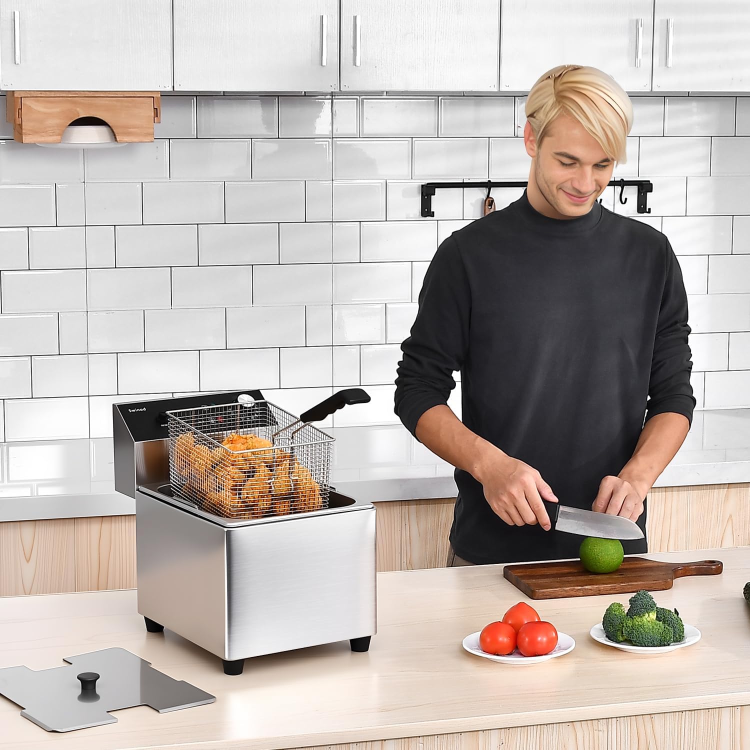 Commercial Deep Fryer with Basket, 1700w 14Qt 0.6mm Thickened Stainless Steel Countertop Electric Fryer for Home and Commercial Use, Oil Fryer with Double Overheat Protection