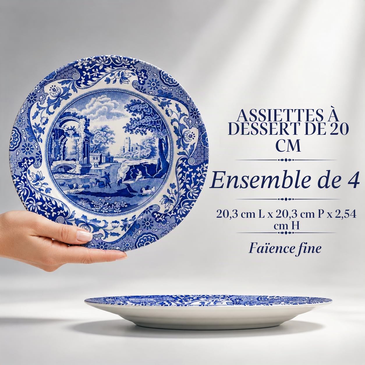Spode Lot de 4 assiettes à salade italiennes bleues, 19 cm, faïence fine, fabriquées en Angleterre, passent au lave-vaisselle (bleu/blanc, 20,3 cm)
