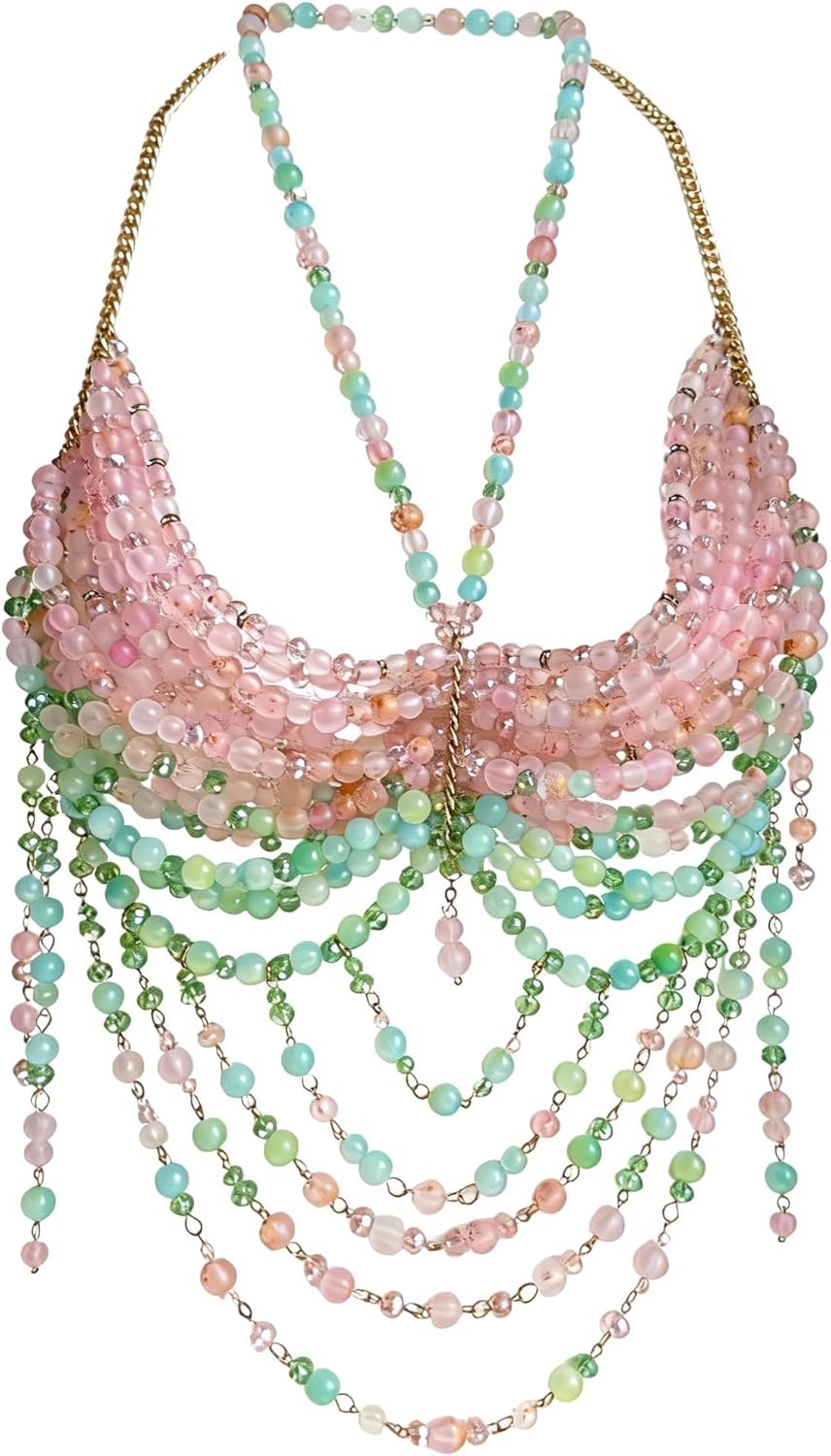 Women Beaded Tops Body Chain, Summer Beachwear Chain Lingerie, Beaded Bra Halter Cover Up Tops, Party Club Rave Top Bodysuit Jewelry