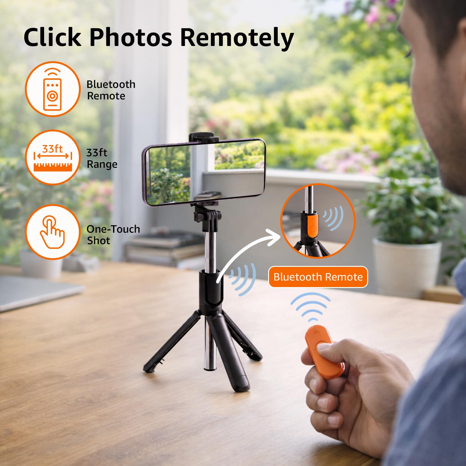 amazon basics Bluetooth-Enabled Extendable Selfie Stick/Tripod with Wireless Remote, 360-Degree Adjustable, Compatible with iPhone and Android Smart Phones (Black) 4