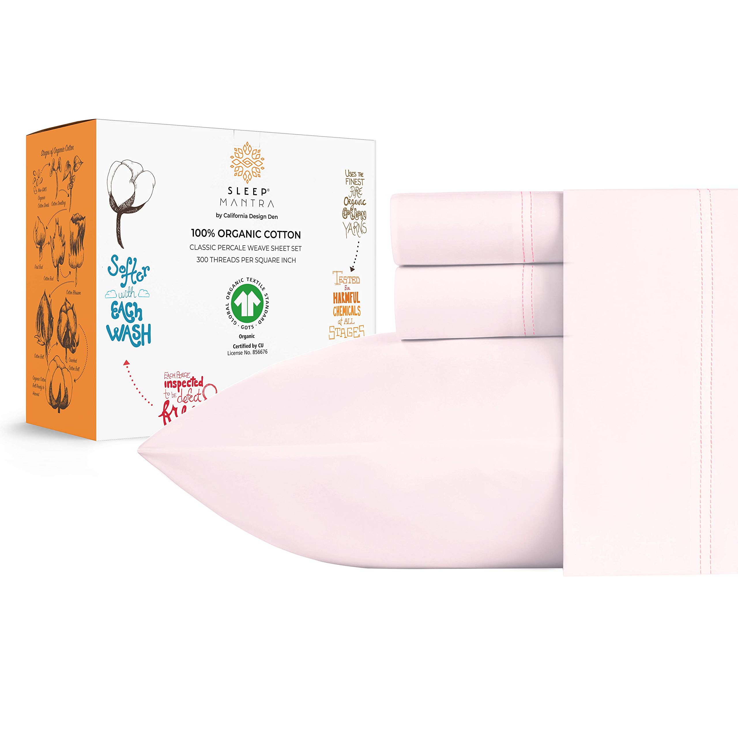 Sleep Mantra Premium 100% Organic Cotton Bed Sheet Set - Soft & Cooling Percale Weave - 4 Piece Bedding Set with Deep Pocket - GOTS Certified - Breathable & Eco-Friendly (Cal King, Blush Pink)OEKO-TEX STANDARD 100