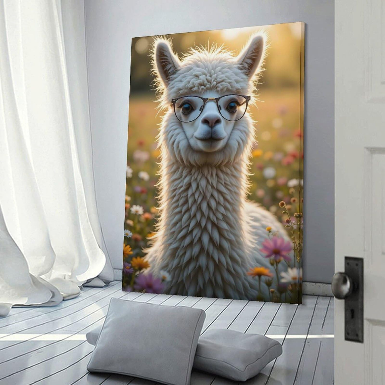 Junmoney Frame-Style-5 Alpaca With Glasses In Flower Field Canvas Wall Decor, 12X18inch(30X45cm), For Wall Displays, Bedrooms Or Room Updates, Wall Decor Suited To Curated Displays