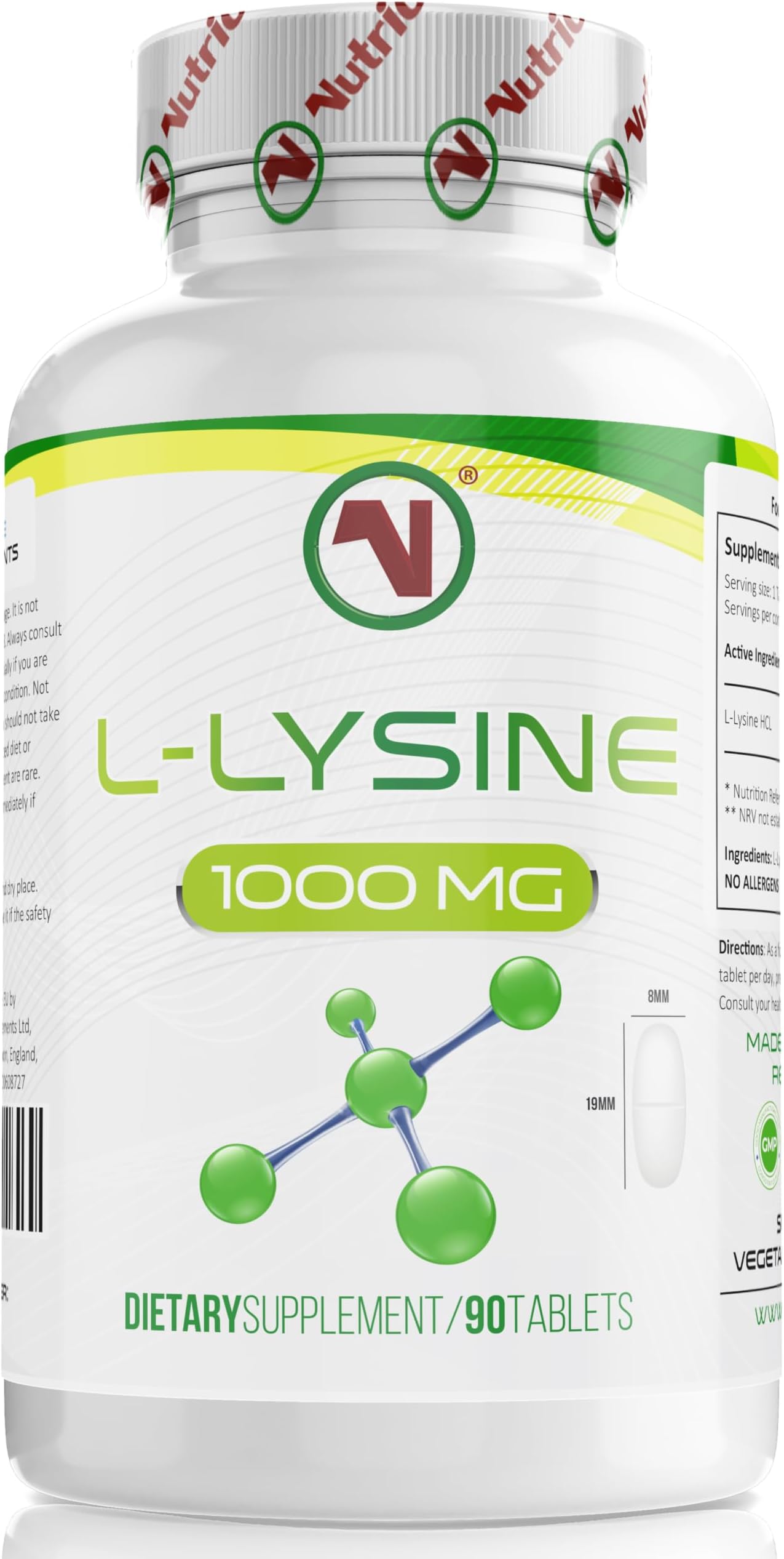 L-Lysine x 90 1000mg Tablets | Smallest Possible 19mm Formula | Easier to Swallow and Quicker to Absorb - Suitable for Vegetarian and Vegan. (90)