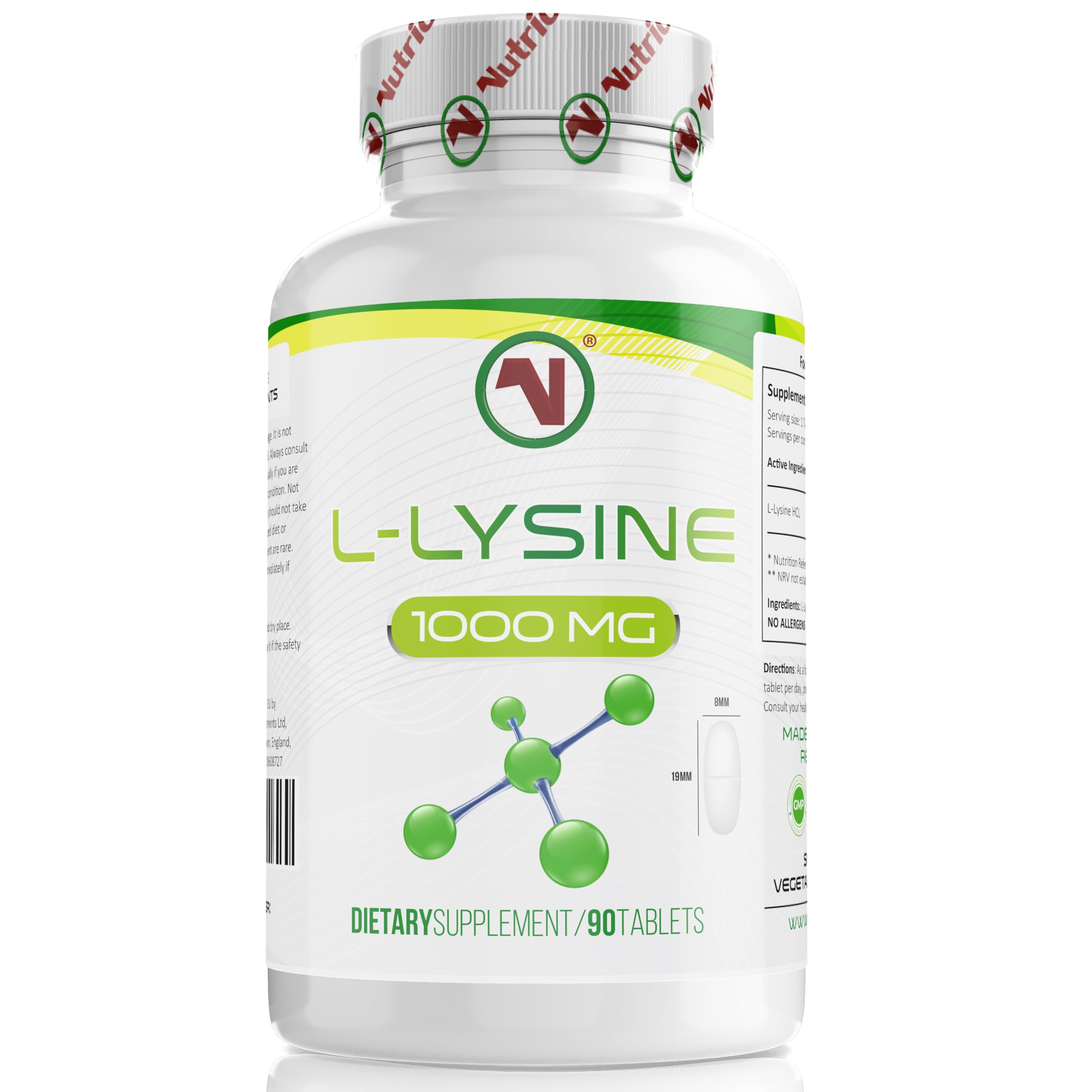 L-Lysine x 90 1000mg Tablets | Smallest Possible 19mm Formula | Easier to Swallow and Quicker to Absorb - Suitable for Vegetarian and Vegan. (90)