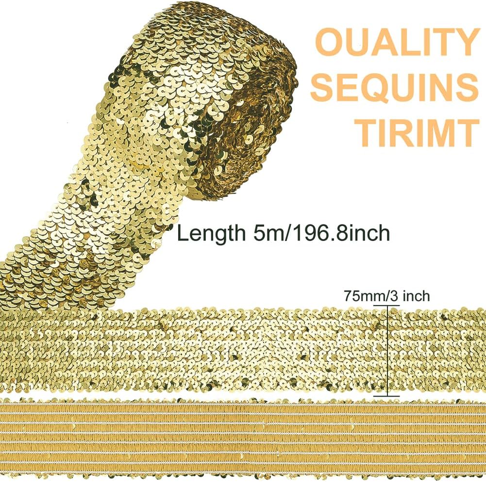 FINGERINSPIRE 5.5 Yards 3 Inch Wide Gold Elastic Sequin Ribbon Flat Sequins Paillette Lace Trim Stretch Bling Ribbon Metallic Fabric For Dress Headband Sewing Craft