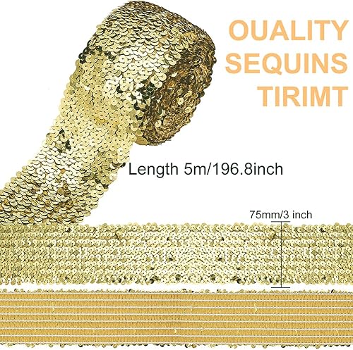 Miniatura 2 de FINGERINSPIRE Cinta de lentejuelas elásticas doradas de 5.5 yardas y 3 pulgadas de ancho, lentejuelas planas, ribete de encaje, cinta elástica