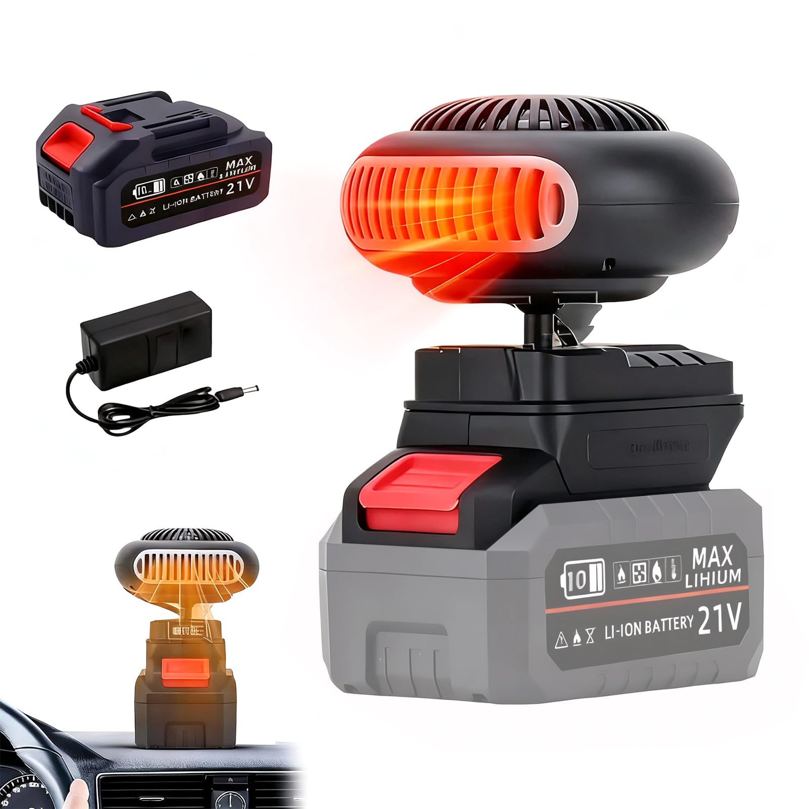 Calefacción para coche con batería, mini calefacción adicional, batería con 2 niveles (30 – 80 °C), protección antivuelco y puerto USB, calentamiento rápido, descongelador, calefacción para parabrisas