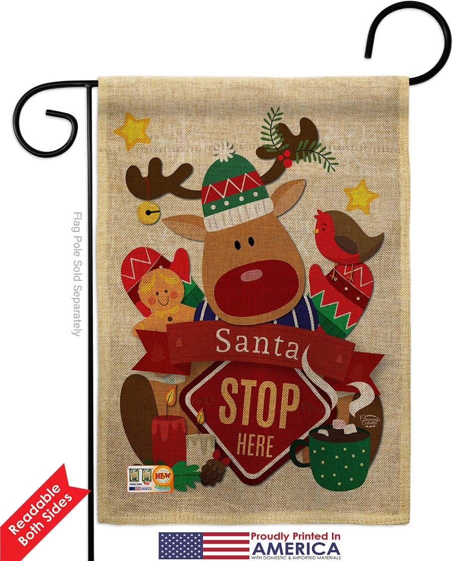 Santa Stop Here Burlap Garden Flag Wintertime Christmas Marry Xmas Present Reindeer Season Snow Small Decorative Gift Yard House Banner Double-Sided Made In USA 13 X 18.5
