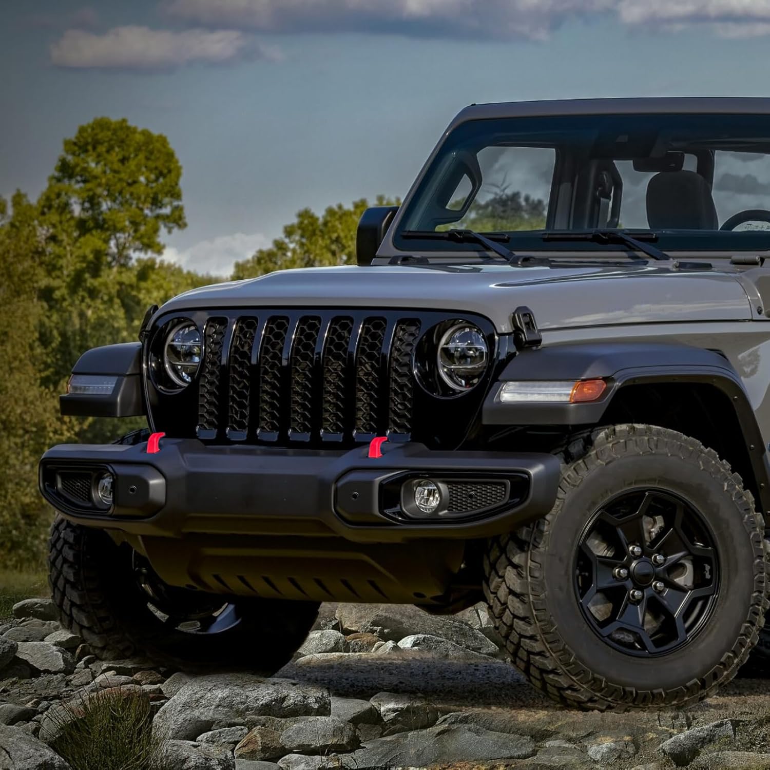 Front Bumper Fits for Jeep Wrangler JL 2018-2025 and fit for Gladiator JT 2020-2025 10th Anniversary Style 2 Door and 4 Door Front bumper Replacement W/Park Sensor Holes ABS Plastic