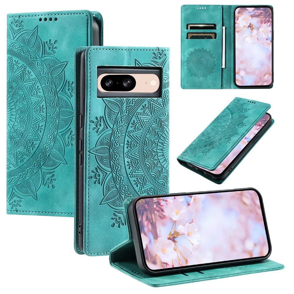 Étui portefeuille Google Pixel 7 vert en cuir antichoc à rabat - 8