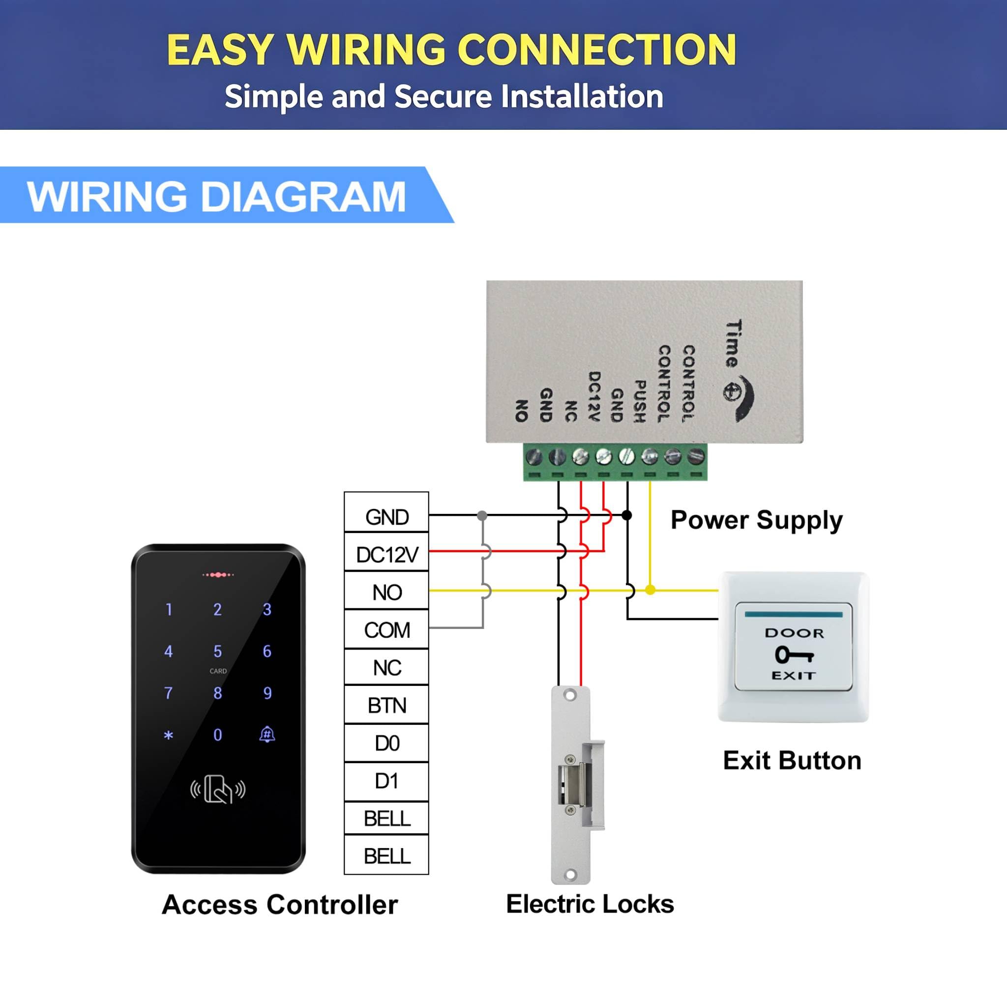 Zutrittskontroll-Set mit elektrischem Riegelschloss, Netzteil, Ausgangstaste und RFID-Schlüsselanhänger, komplettes Türeingangssystem (S20-set-NC)