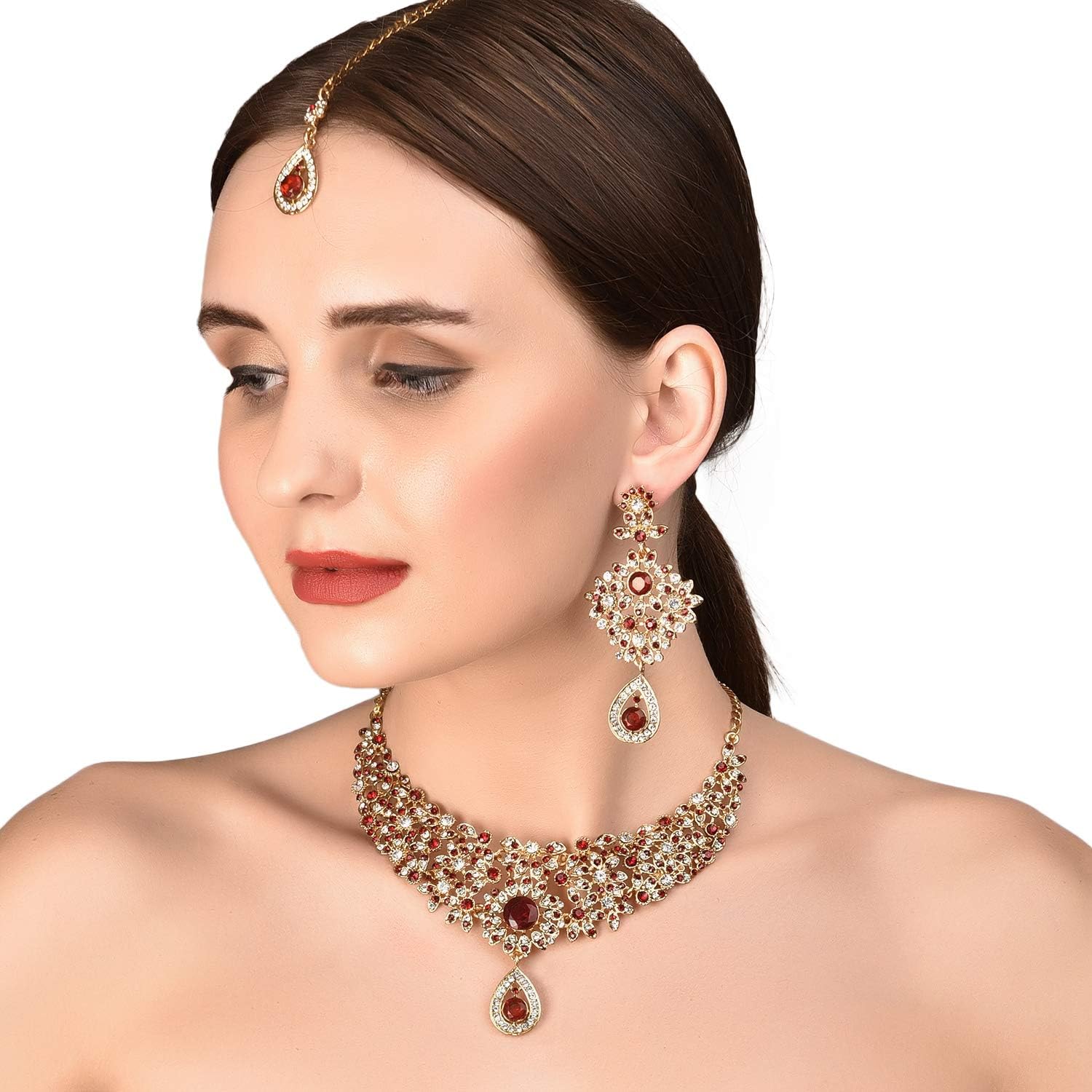 Touchstone Indian Jewelry Sets for Women Bollywood Necklace Earring Wedding high Fashion Victorian Formal Style Jewellery desi Artificial Imitation joyeria Rhinestone in Antique Gold or White Tone. - Image 9