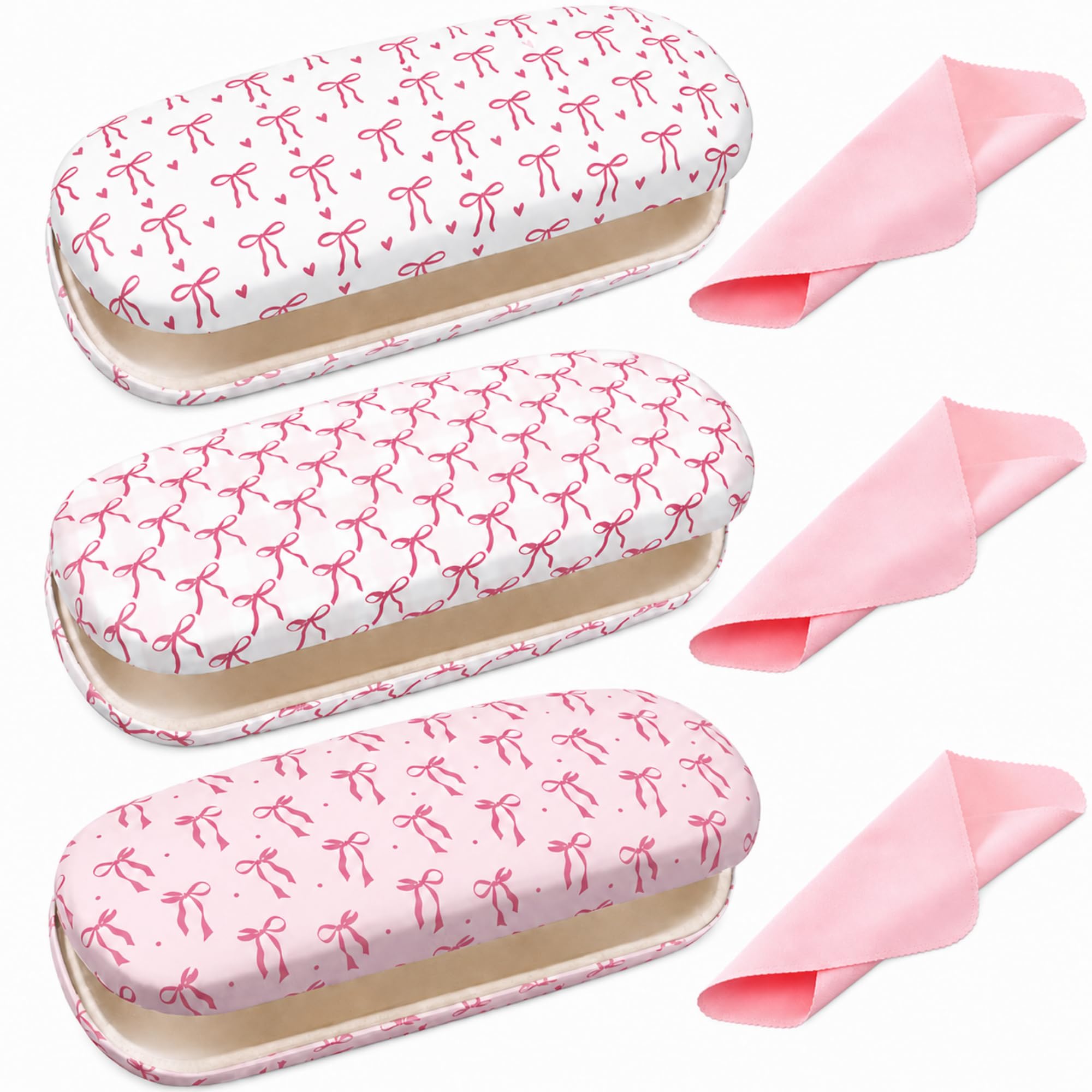 3 Pack Pink Bow Hard Shell Glasses Case with Cleaning Cloth Coquettish PU Leather box for Sunglasses Eye Glasses-image-48