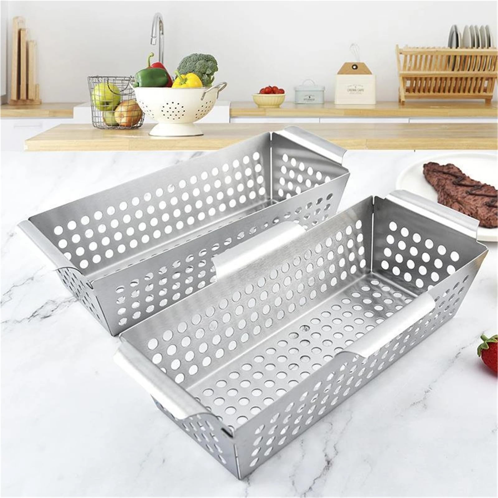 Kohlekorb Gemüse-Grillkorb, Edelstahl, undichte Bratpfanne, Grill-Werkzeuge und Gadgets for den Außenbereich(S)