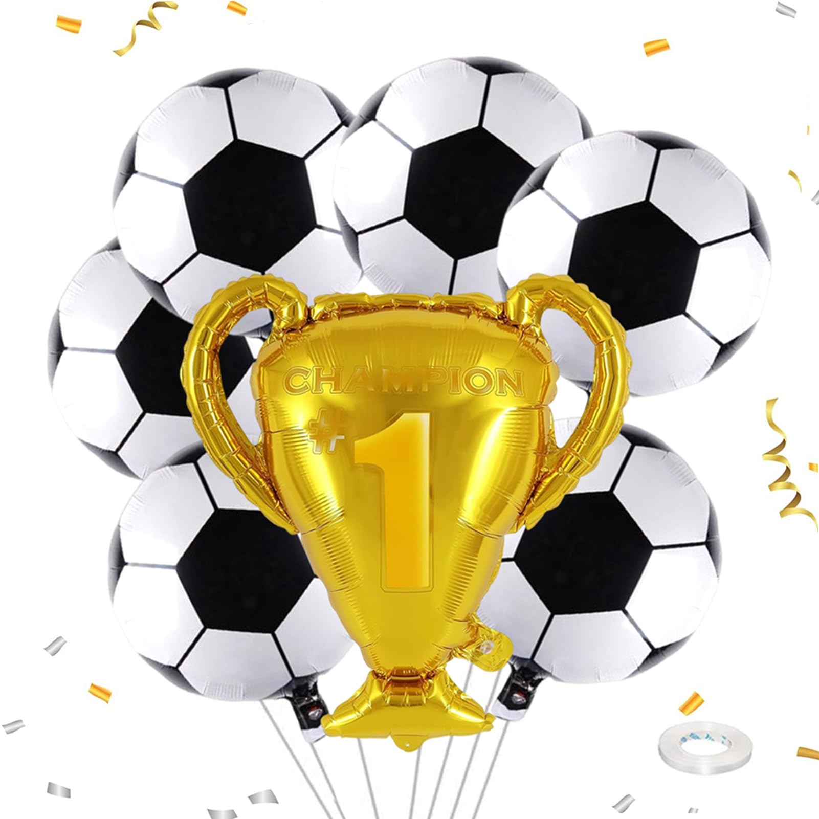 Soccer Party Balloons Set, 6 PCS of Football Foil Balloon and 32 Inch Champion Trophy Foil Balloons, Soccer Theme Party Decorations, Background for Sports Themes
