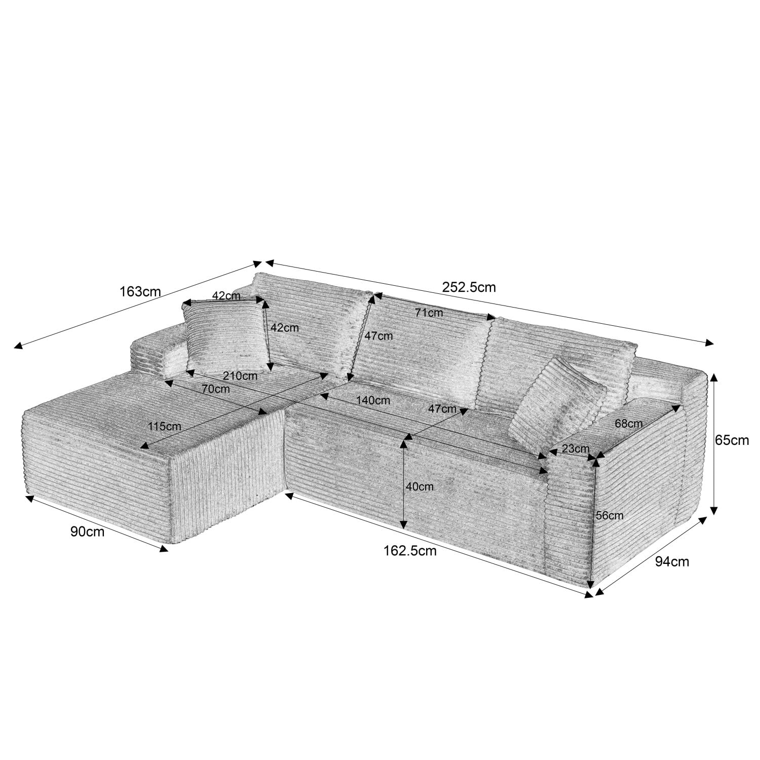 Sofá esquinero en forma de L de 4 plazas, sofá modular de pana con taburete, cómodo sofá de salón con 2-6 almohadas, ahorra espacio para salón y apartamentos, 256 x 134 cm (gris-izquierda)