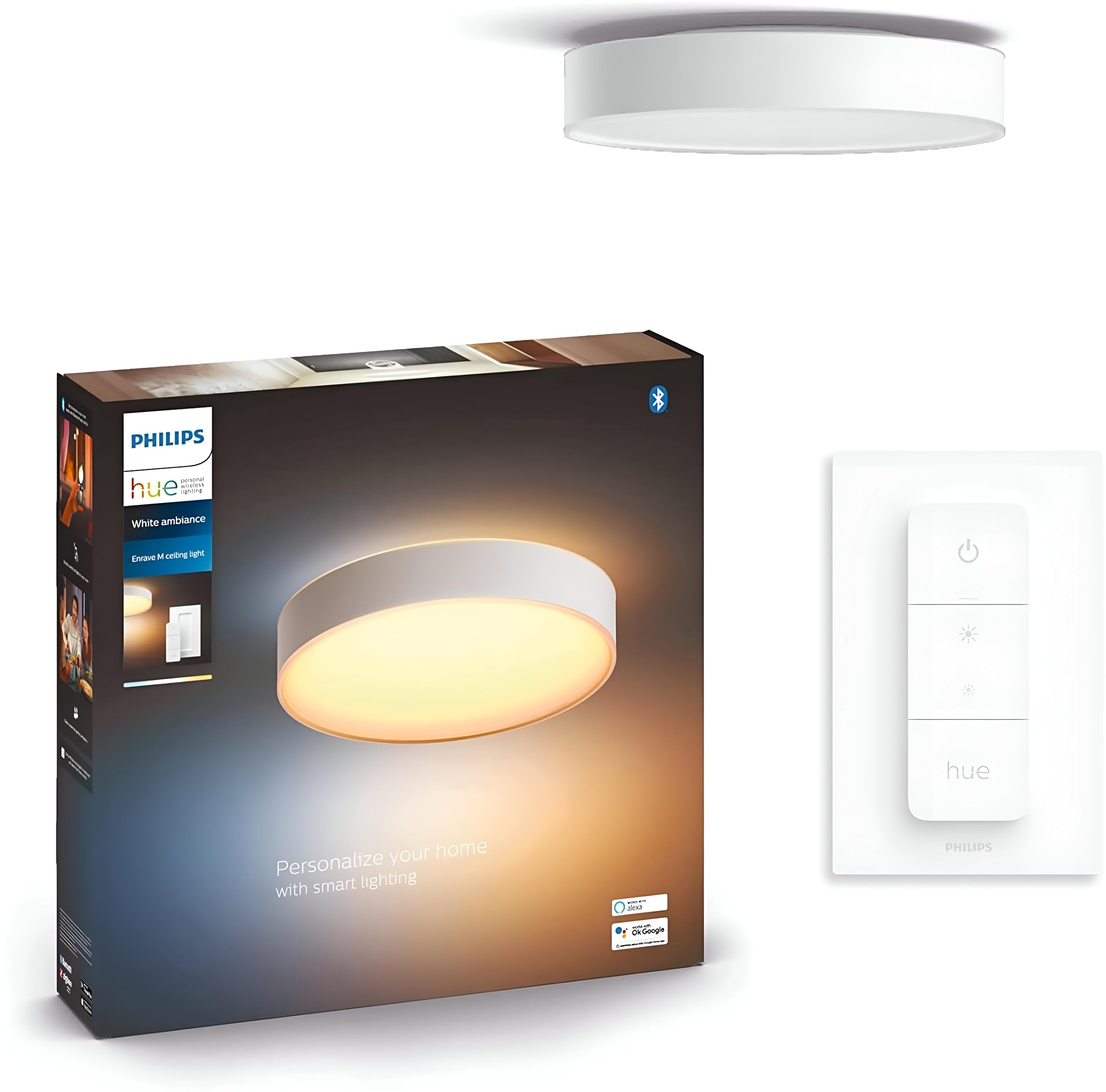 Philips Hue NEW White Ambiance Enrave Medium Smart Ceiling Light [White], Works with Alexa, Google Assistant and Apple Homekit. for Livingroom, Bedroom and Indoor Lighting.