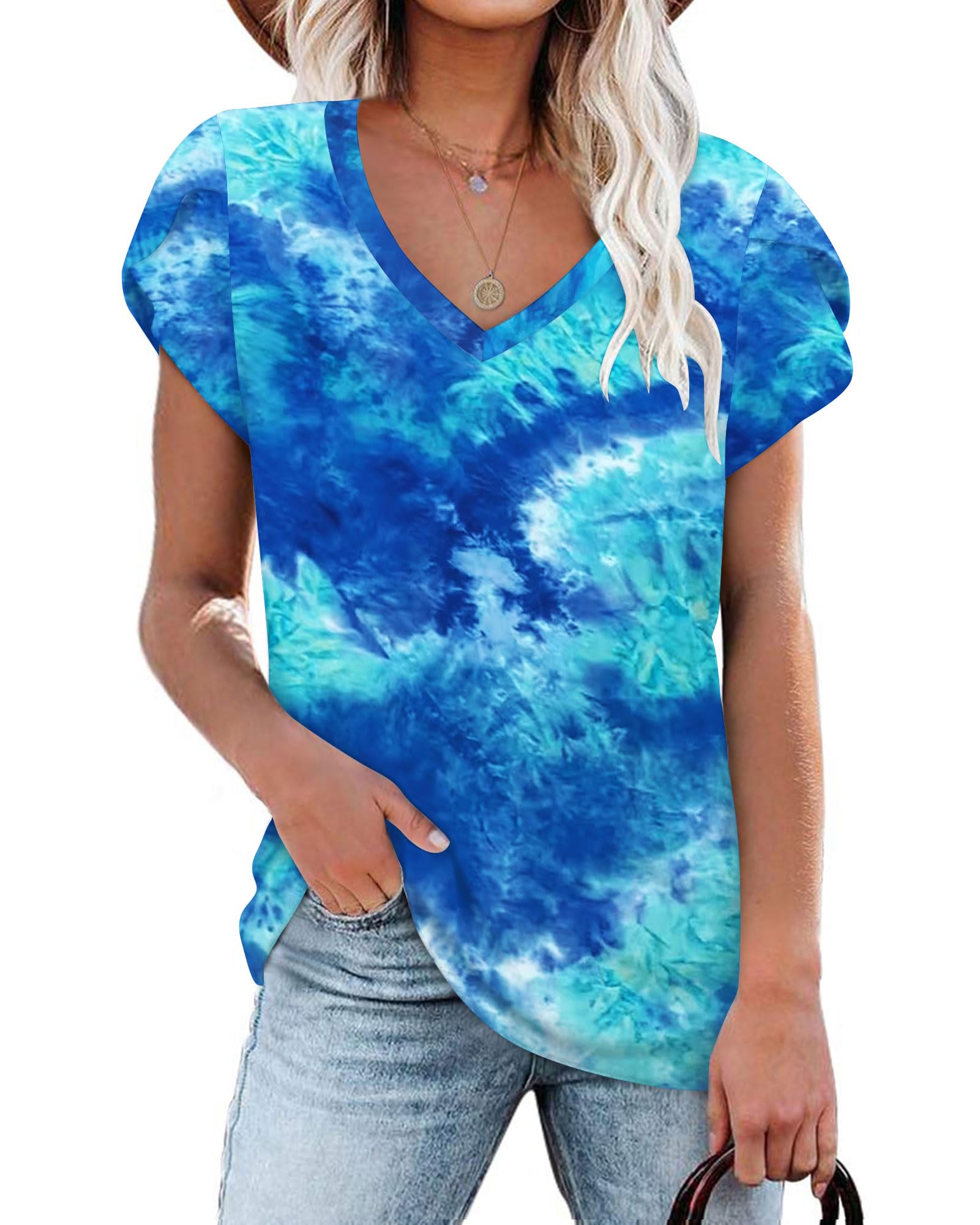 NARRAME Damen T-Shirt V-Ausschnitt Tops Sommer Freizeit Strand Oberteile | Tshirt Damen Blütenblatt Ärmel ,Shirts Damen Sommer,Kurzen Ärmeln Tunika,sommerbluse damen leicht und luftig