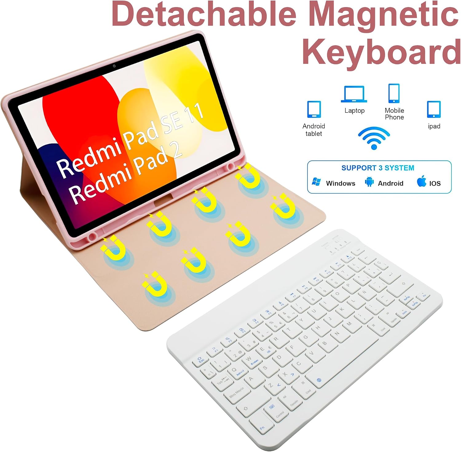 Keyboard Case Spanish Ñ for Xiaomi Redmi Pad 2/Redmi Pad SE 11 Inch 2023, Slim PU Stand Cover with Magnetically Detachable Wireless Keyboard, Tablet Mouse,Pink