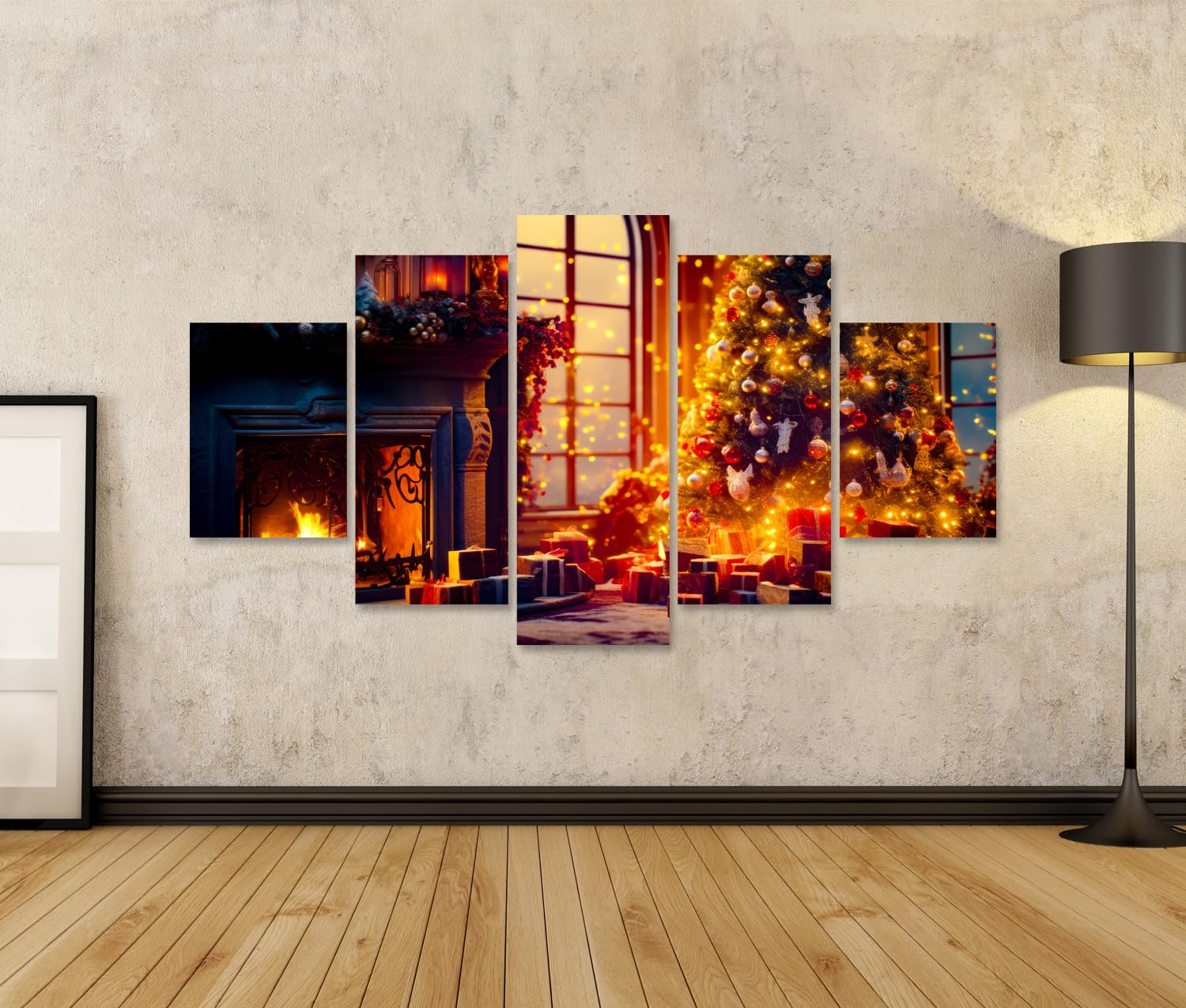 islandburner Tableau sur toile Sapin de Noël Salon à côté de la cheminée Cadeaux sous photos Poster mural