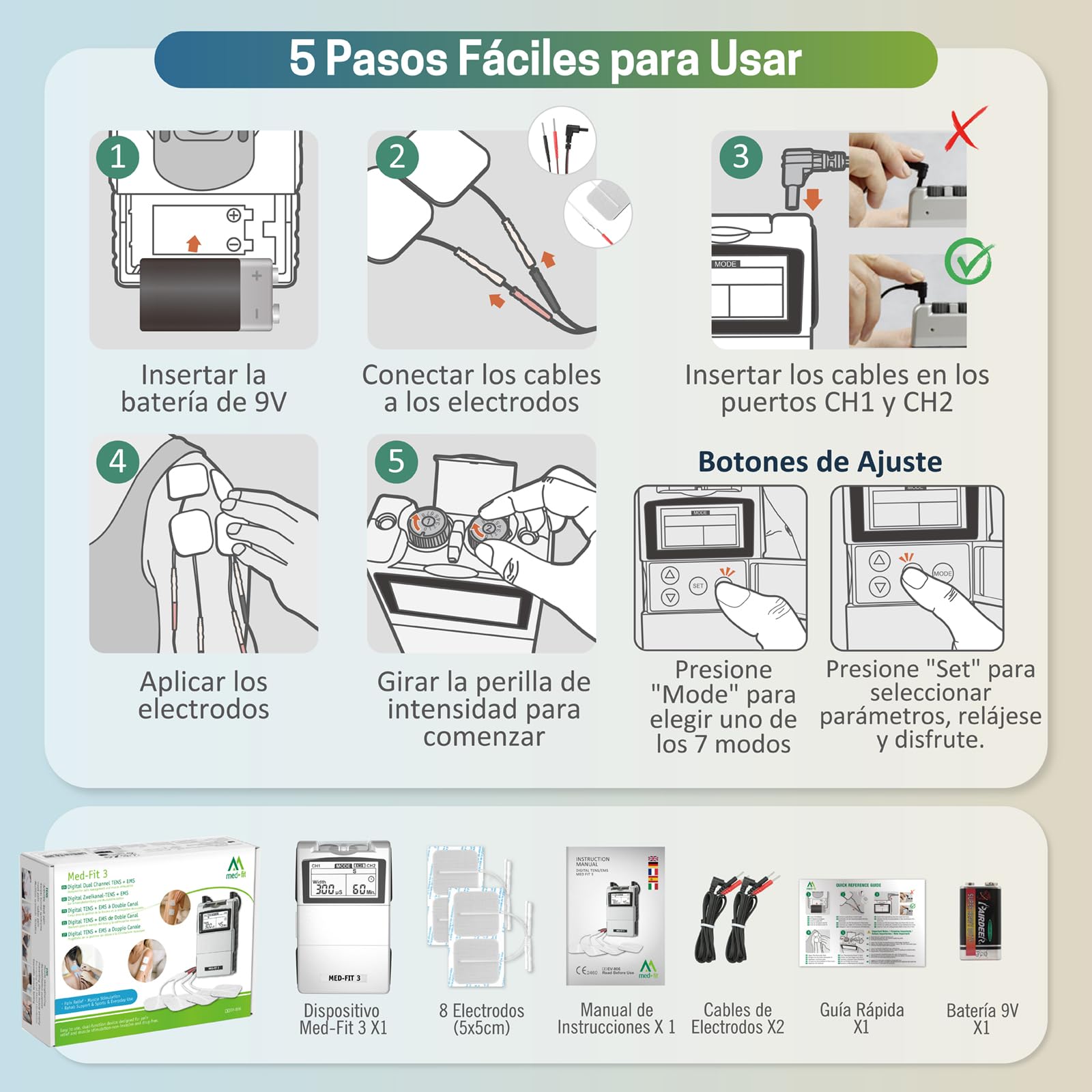 Med-Fit 3 Electroestimulador TENS y EMS - Dispositivo Médico Clase IIa para Dolor de Espalda, Ciática, Artritis, Rodilla, Hombro y Rehabilitación Muscular