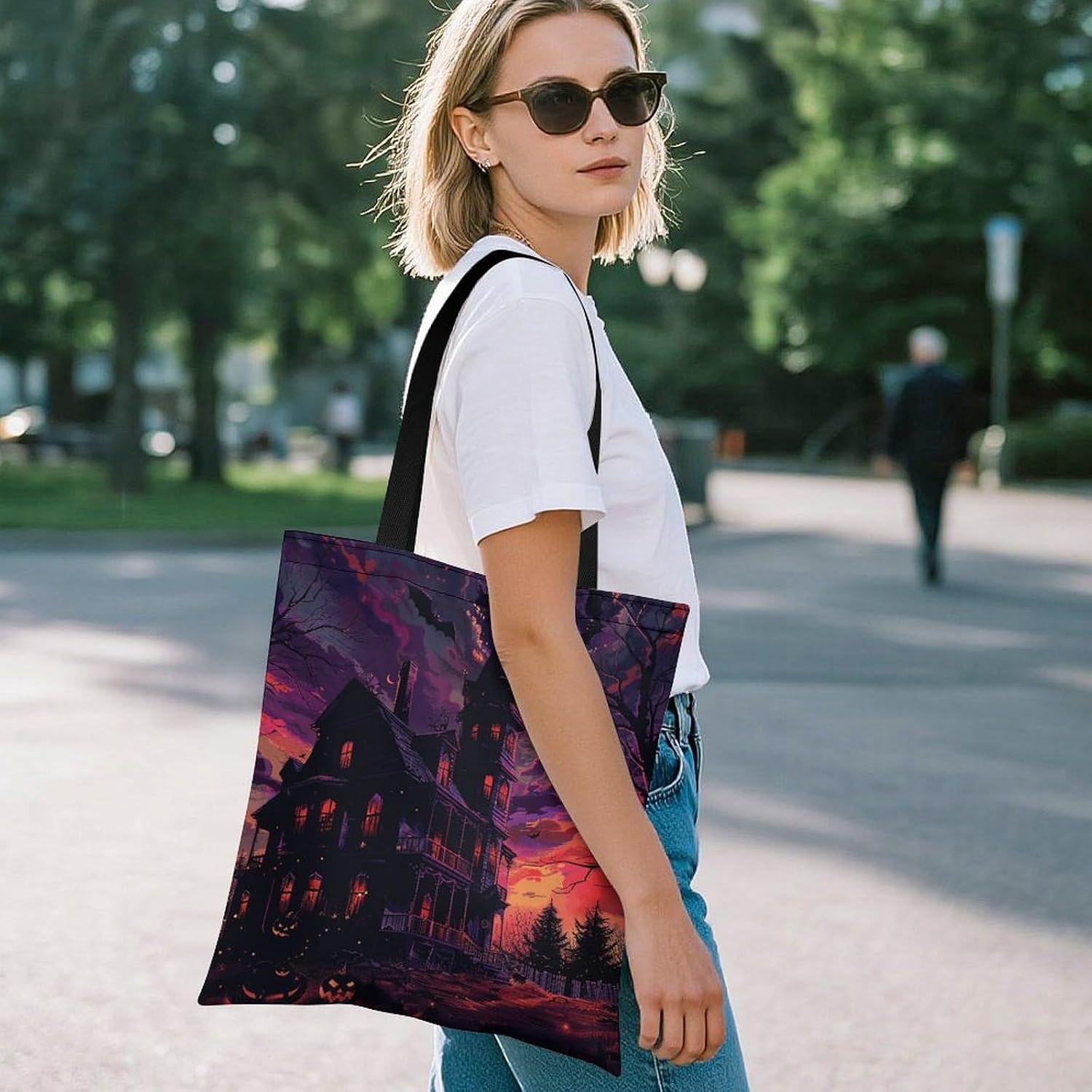 Black Haunted House Tote Bag Large Treat Bags for Women Men image 2