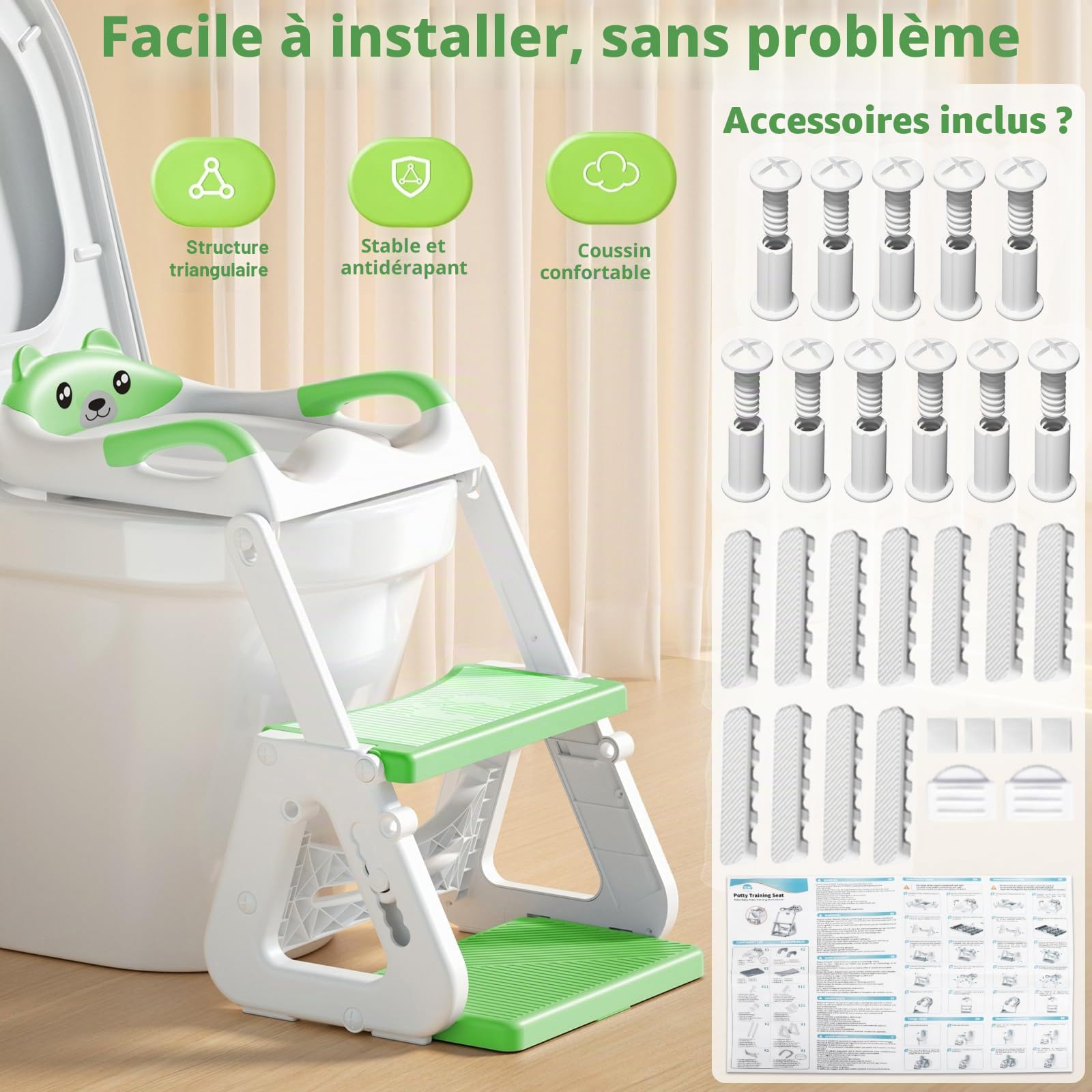 Reducteur Toilette Enfant, Reducteur Wc Enfant,2 en 1 Rehausseur Toilette Enfant avec Coussin Anti-éclaboussures et Antidérapant,Tabouret d'escalier,Réducteurs de Toilettes Pliable et Réglable