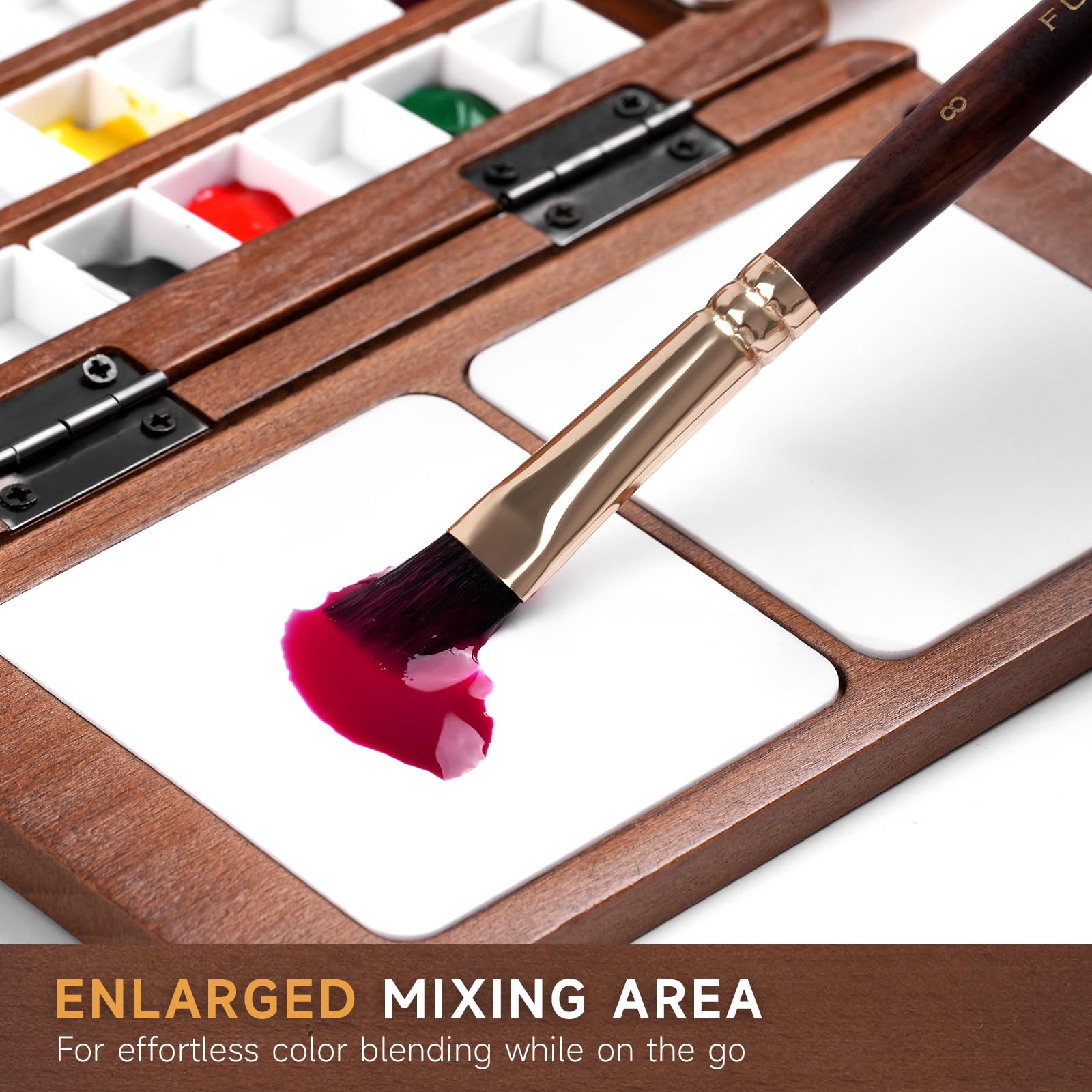 Tragbare klappbare Aquarell Mischpalette aus Holz, leer, 24 Halbnäpfchen | mit Reisepinsel und Multifunktionalen Halteriemen für Reisen und Outdoor-Malerei | Leere Aquarell Malkasten | ohne Farben
