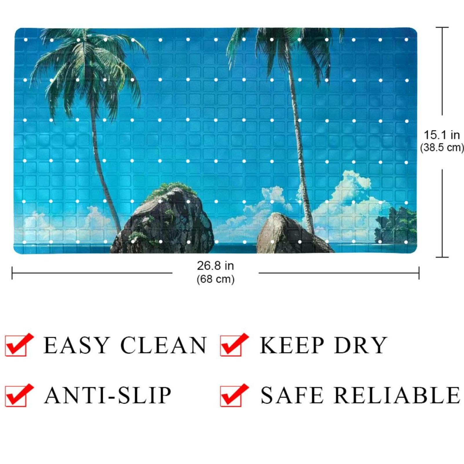 Tapis de bain de qualité supérieure - Antidérapant, facile à nettoyer et sans danger pour toute la famille - Bleu ciel et récif de mer - Palmier