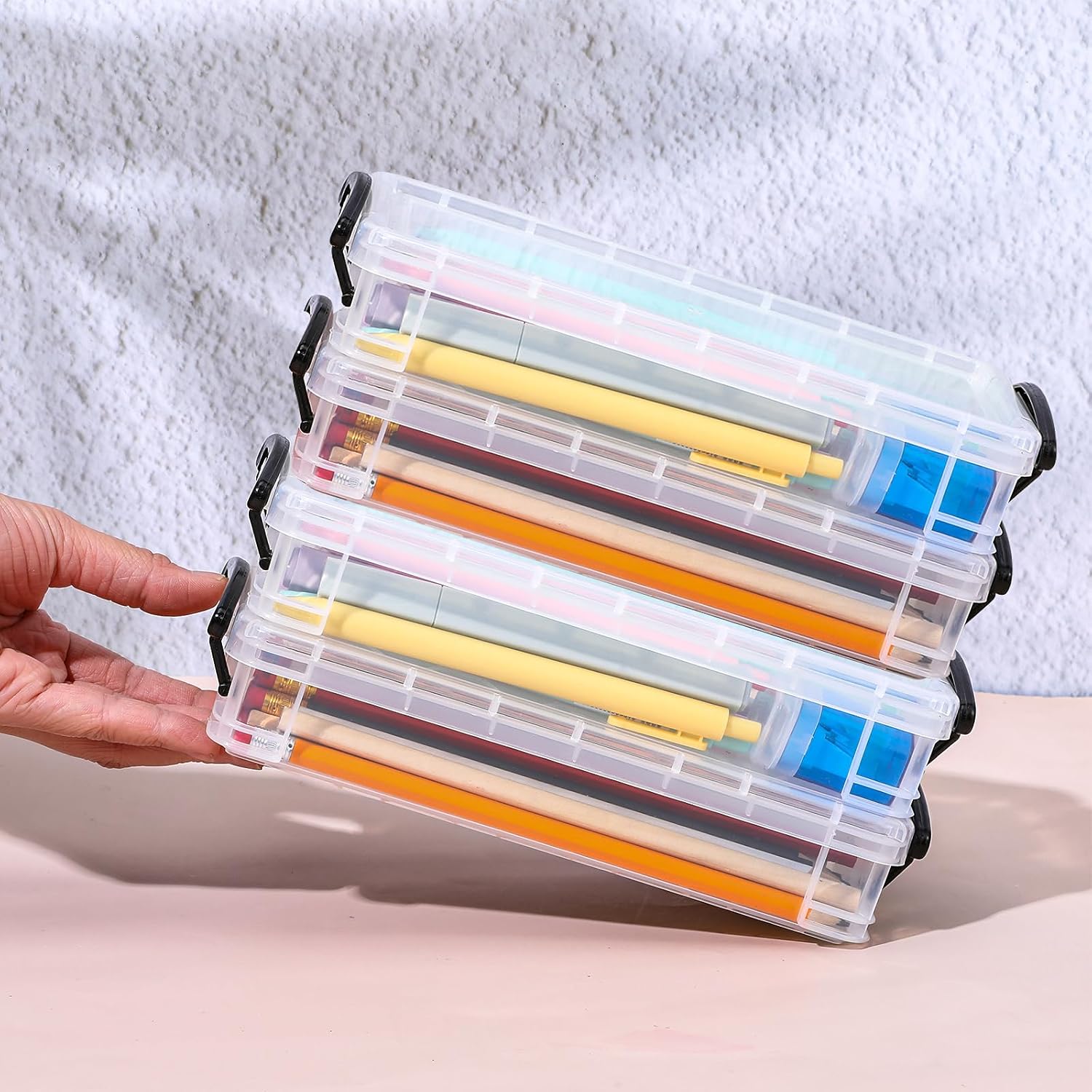 8Pack Clear Pencil Box Plastic Storage Containers with Latching Lids Stackable Office Supplies Organizer for Gel Pens Erasers Crafts Markers Crayon