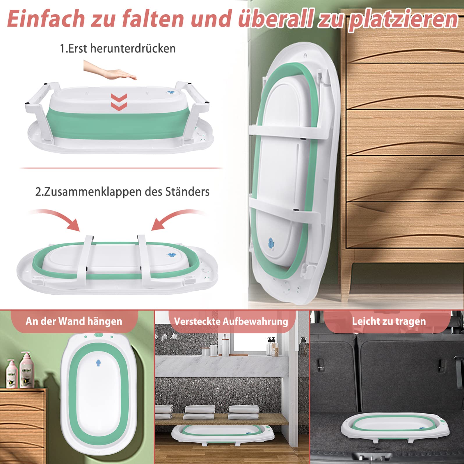 LZQ Vasca da bagno per bambini, pieghevole, con tappetino per il bagnetto, rete per il drenaggio, stabile, antiscivolo, portatile, adatta per bambini da 0 a 8 anni (verde)