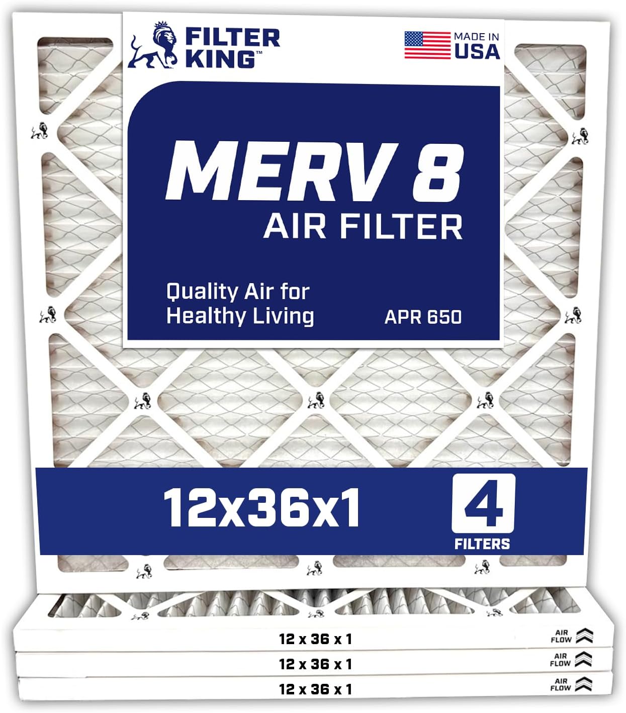 Filter King 12x36x1 Air Filter | 4-PACK | MERV 8 HVAC Pleated A/C Furnace Filters | MADE IN USA | Actual Size: 11.5 x 35.5 x .75"