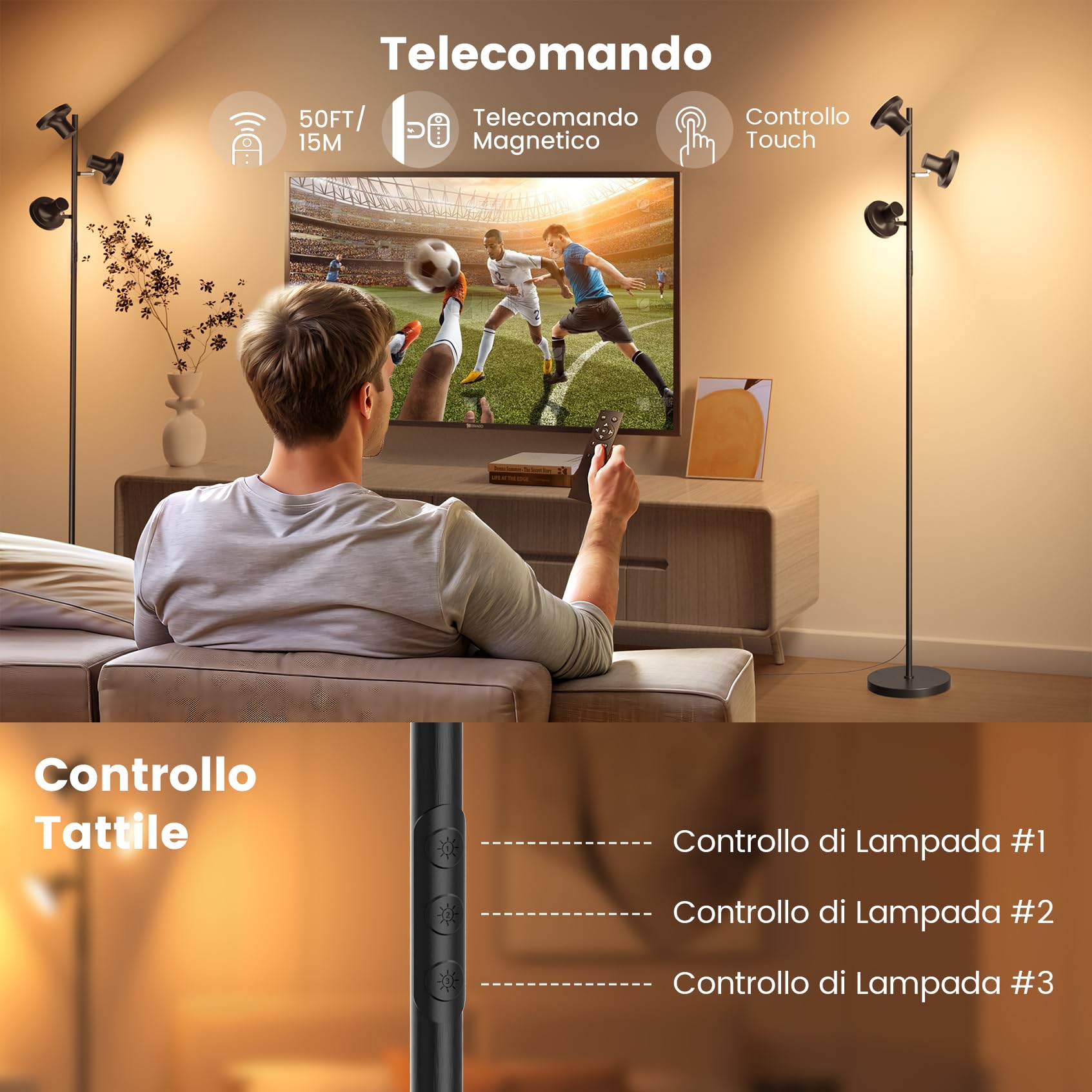 SIBRILLE Lampada da Terra Salotto 36W, 2500LM Piantana Lampada da Terra con Telecomando, 2700K-6500K Dimmerabile Lampade da Terra LED 3 Luci Individuale Controllo per Soggiorno, Lettura e Ufficio